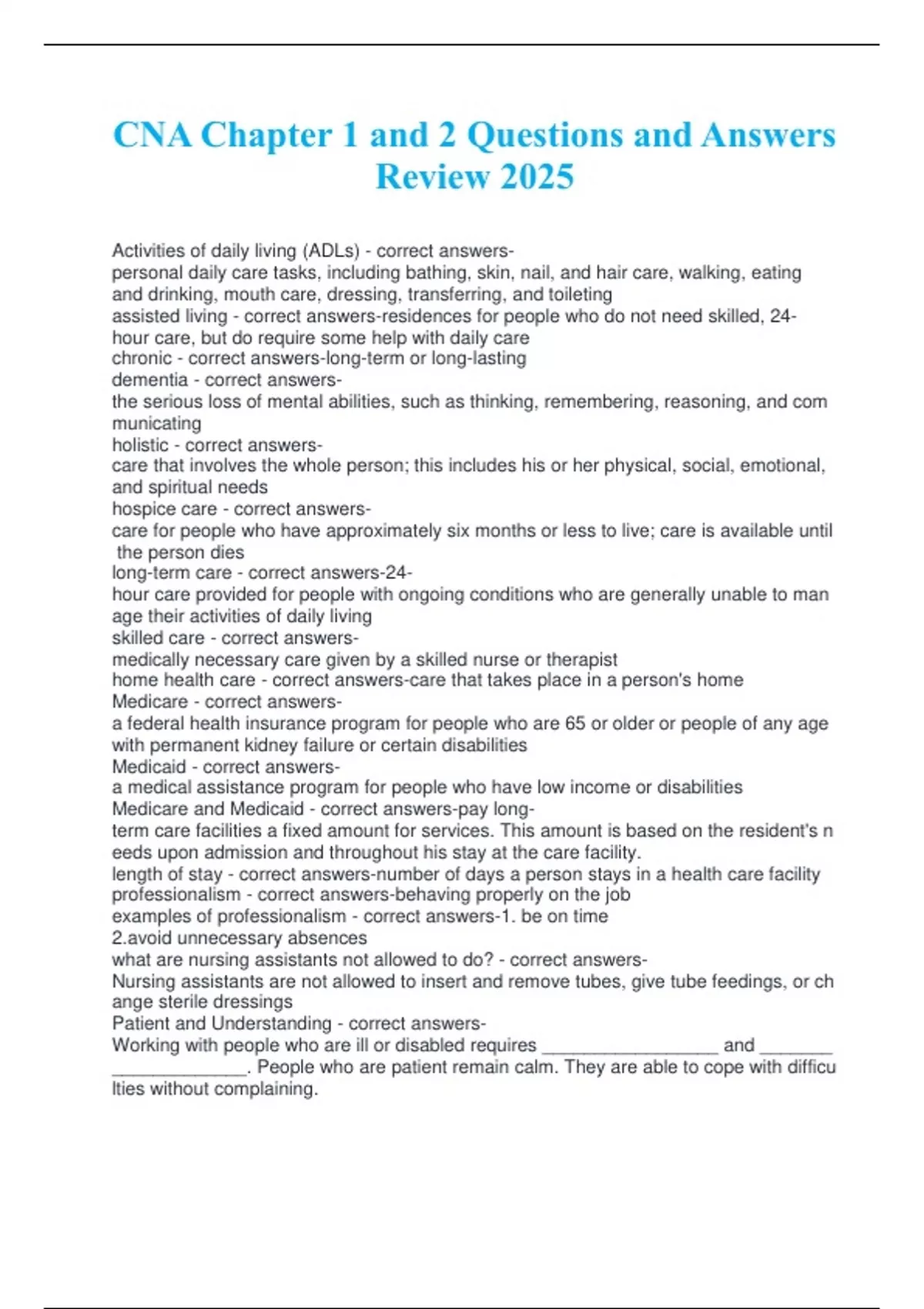 Cna Review.pdf CNA Chapter 1 and 2 Questions and Answers Review 2025 - CNA - Certified ...