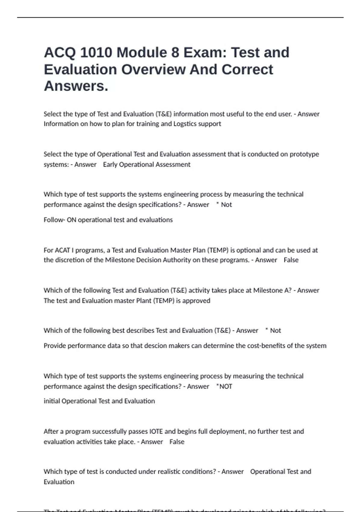 ACQ 1010 Module 8 Exam: Test and Evaluation Overview And Correct ...