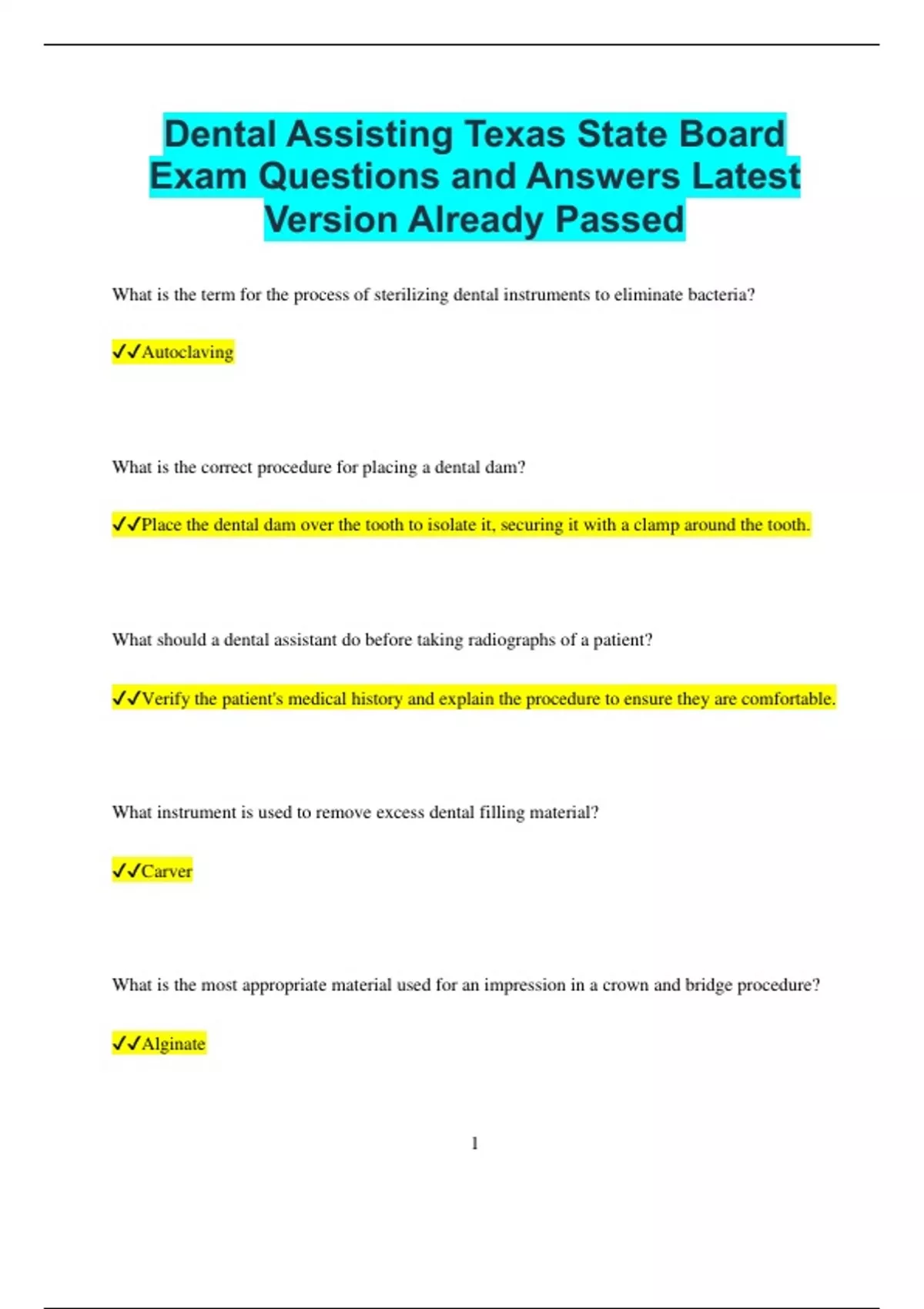 Dental Assisting Texas State Board Exam Questions and Answers Latest ...
