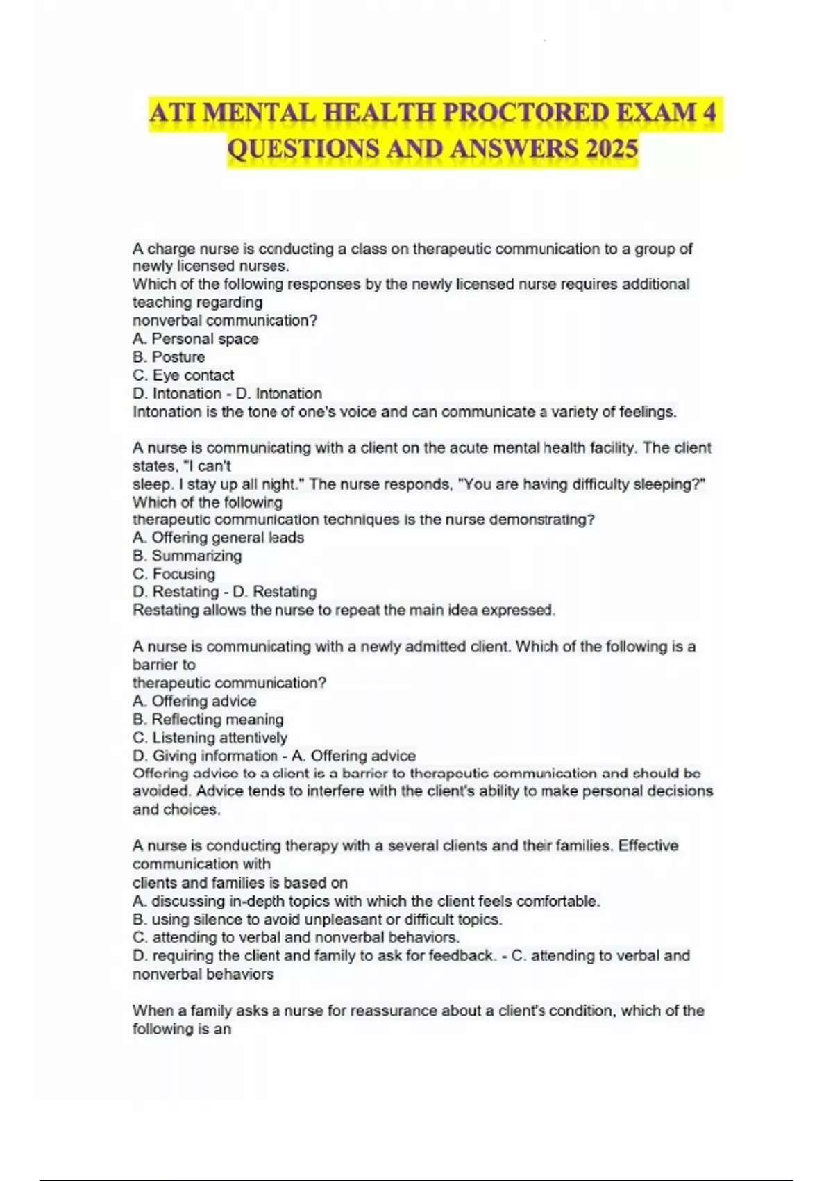 ATI MENTAL HEALTH PROCTORED EXAM 4 QUESTIONS AND ANSWERS 2025 - ATI ...