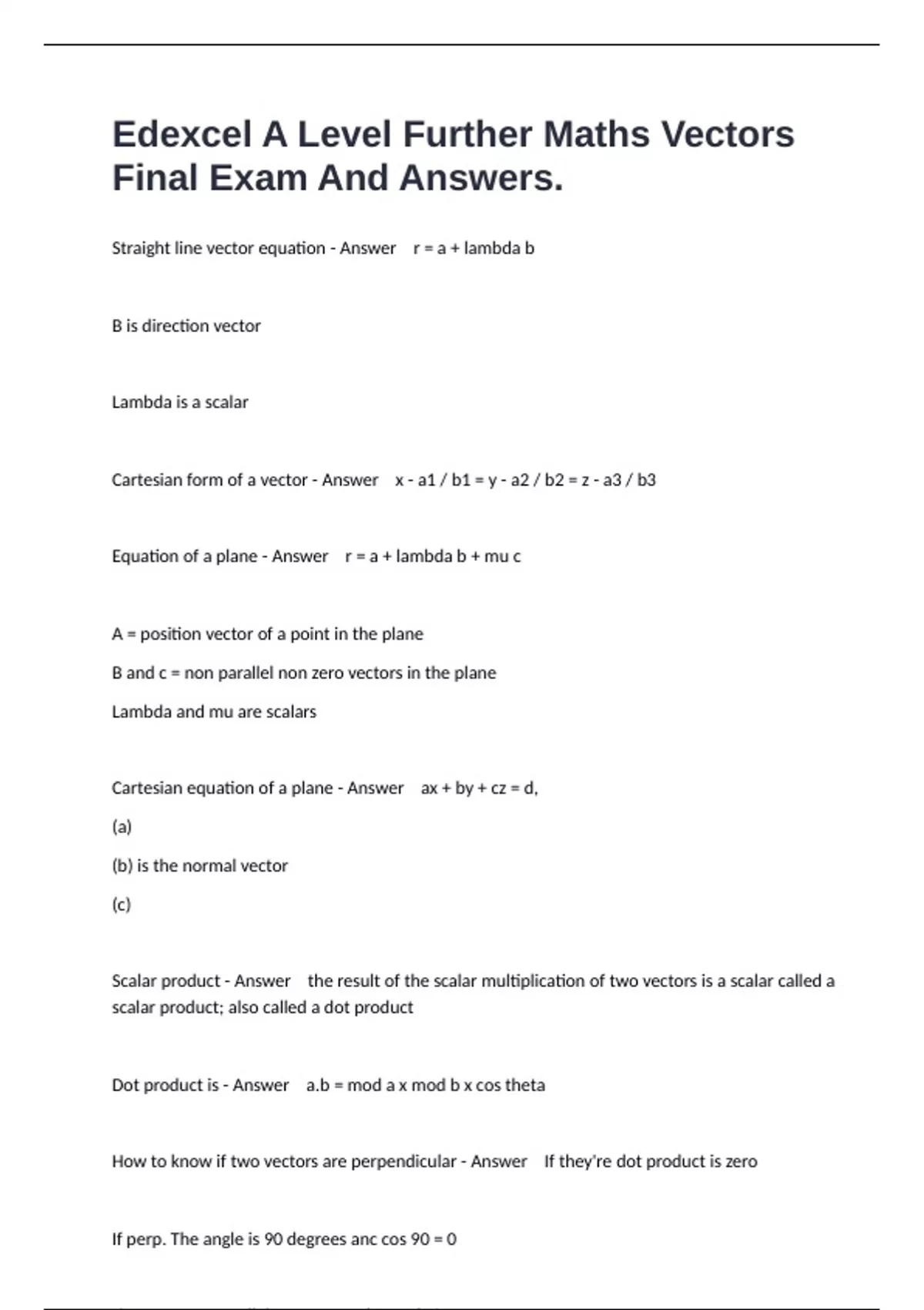 Edexcel A Level Further Maths Vectors Final Exam And Answers. - 2024 ...