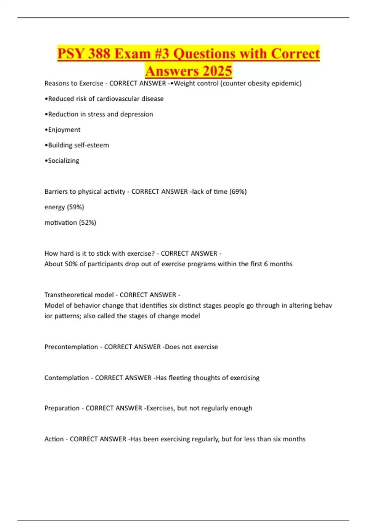 PSY 388 Exam -3 Questions with Correct Answers 2025 - PSYC 388 - Stuvia US