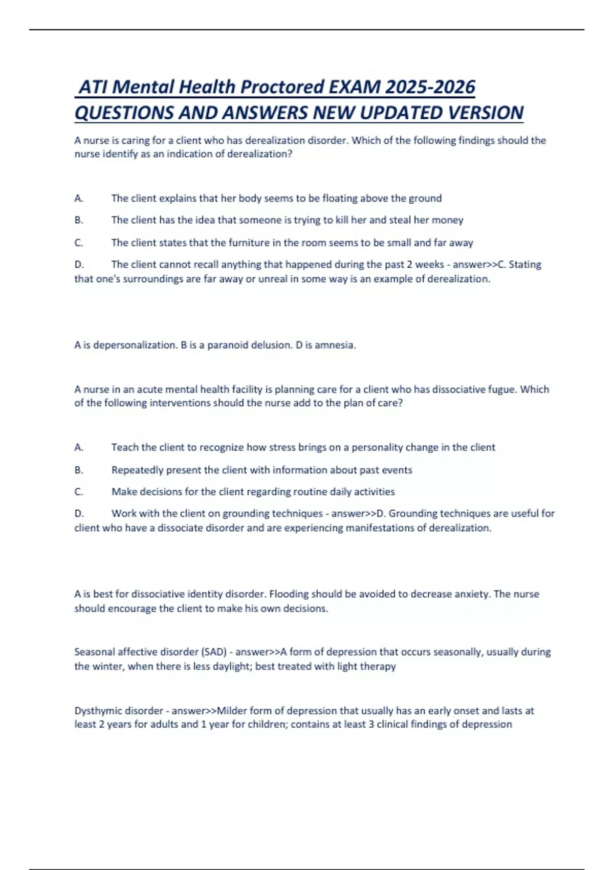 ATI Mental Health Proctored EXAM QUESTIONS AND ANSWERS NEW UPDATED ...