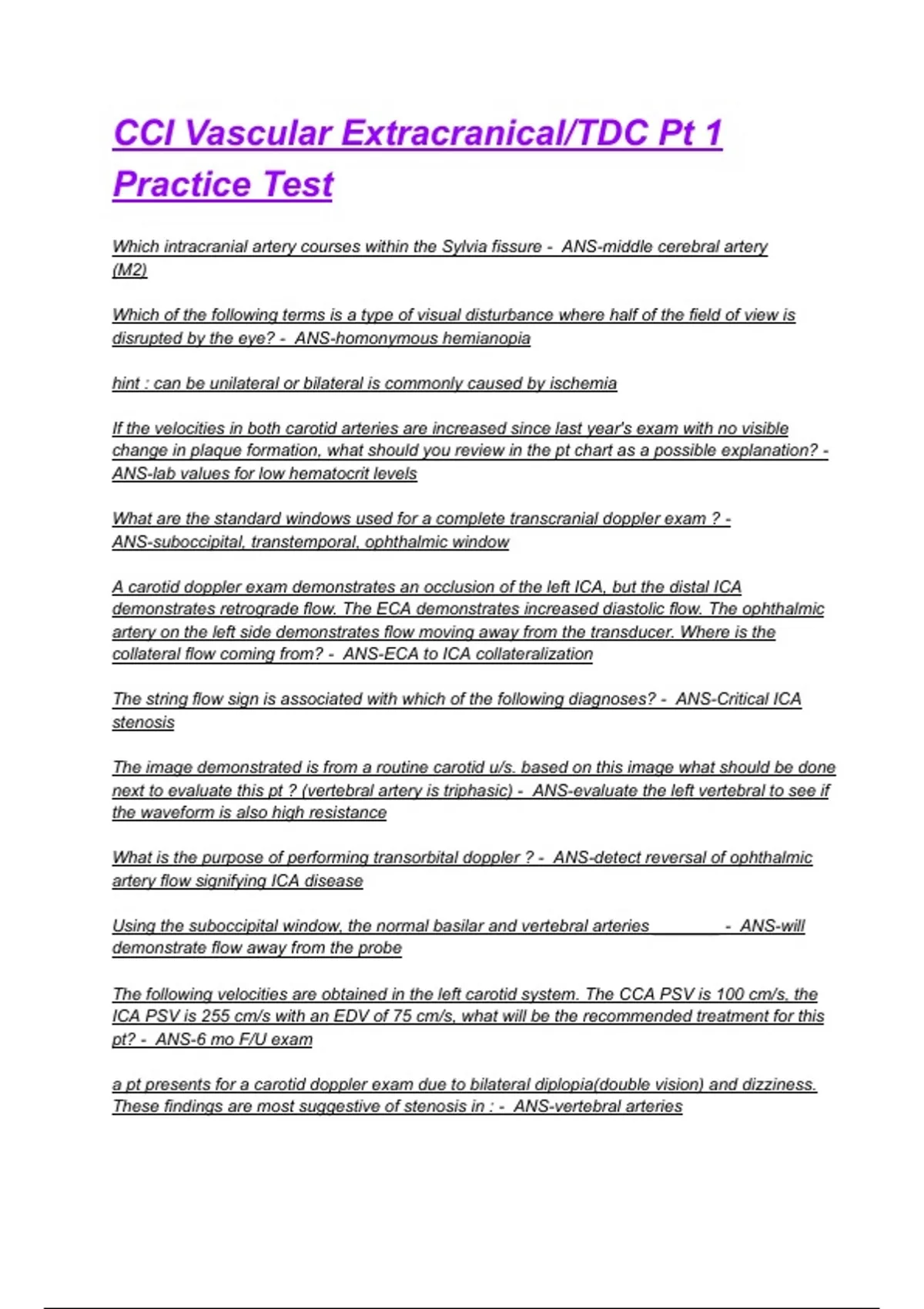 Per Cci Questionnaire.pdf CCI Vascular Extracranial/TDC Pt 1 Practice Test Questions with correct ...