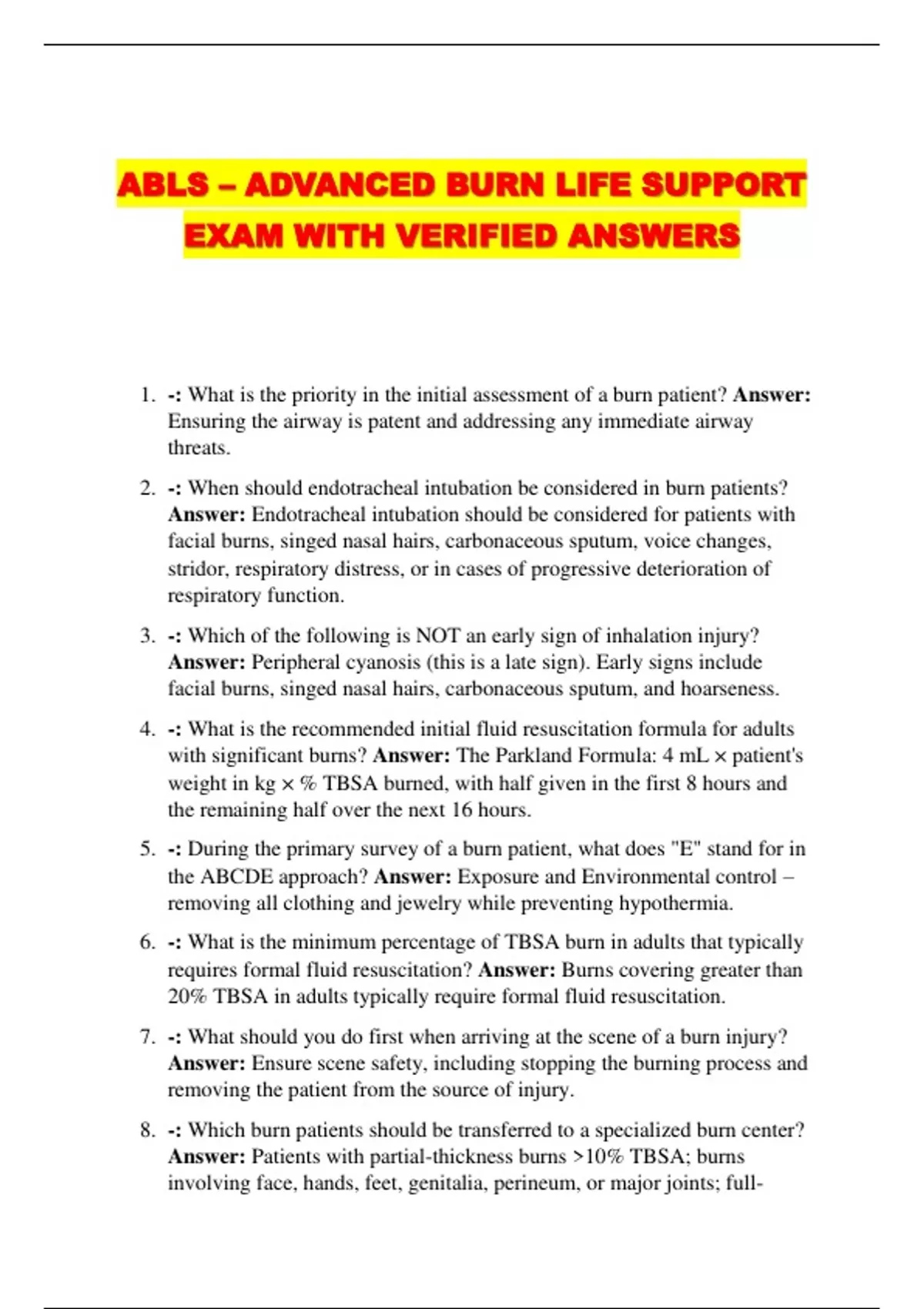 ABLS – ADVANCED BURN LIFE SUPPORT EXAM WITH VERIFIED ANSWERS - ABLS ...