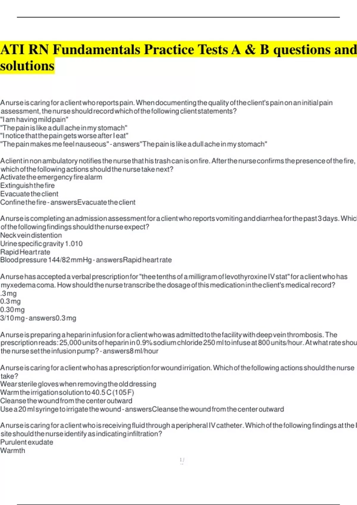 ATI RN Fundamentals Practice Tests A & B questions and solutions - ATI ...