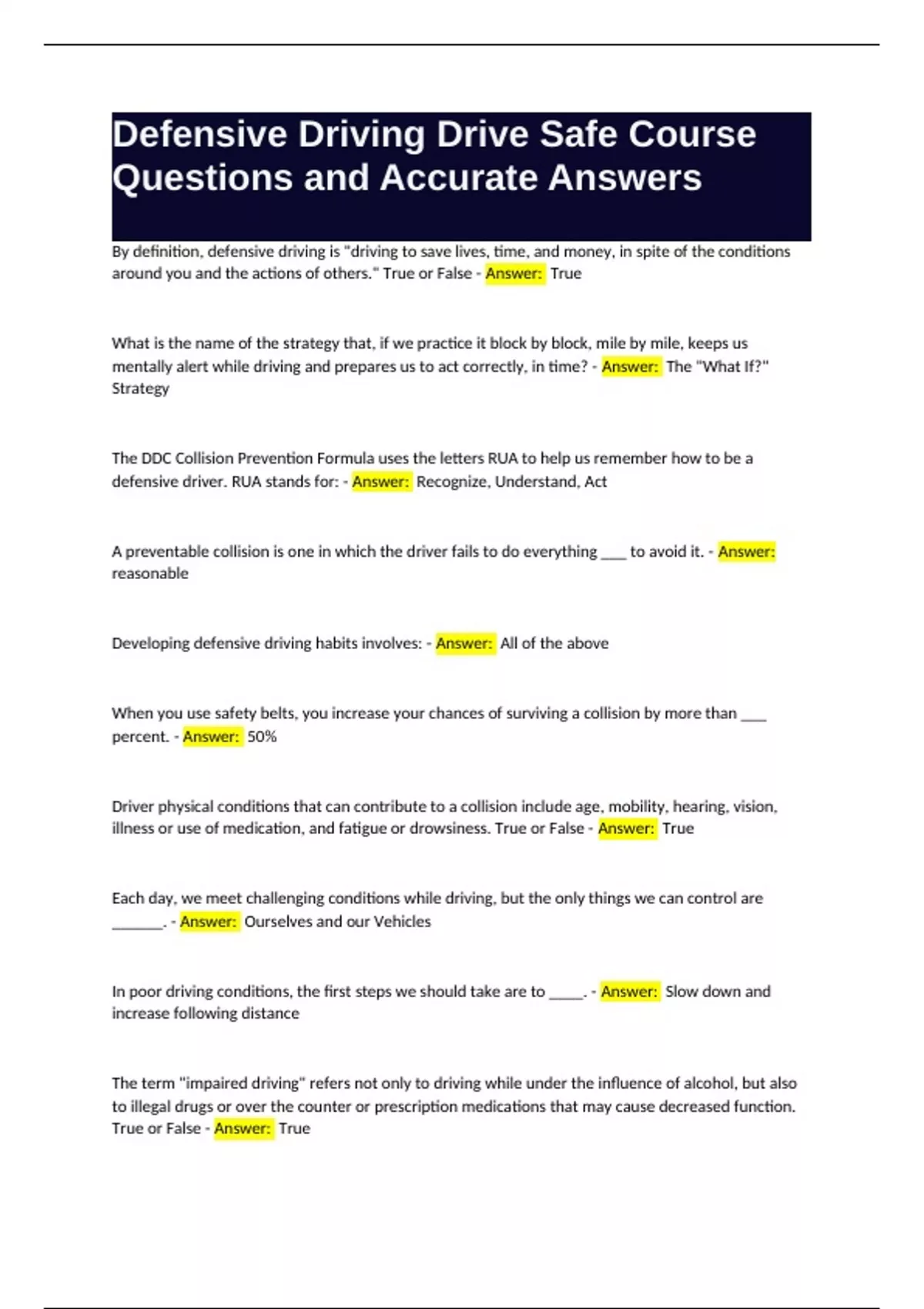 Defensive Driving Course Study Guide Drive Safe Defensive Driving Course Exam Questions and Accurate ...