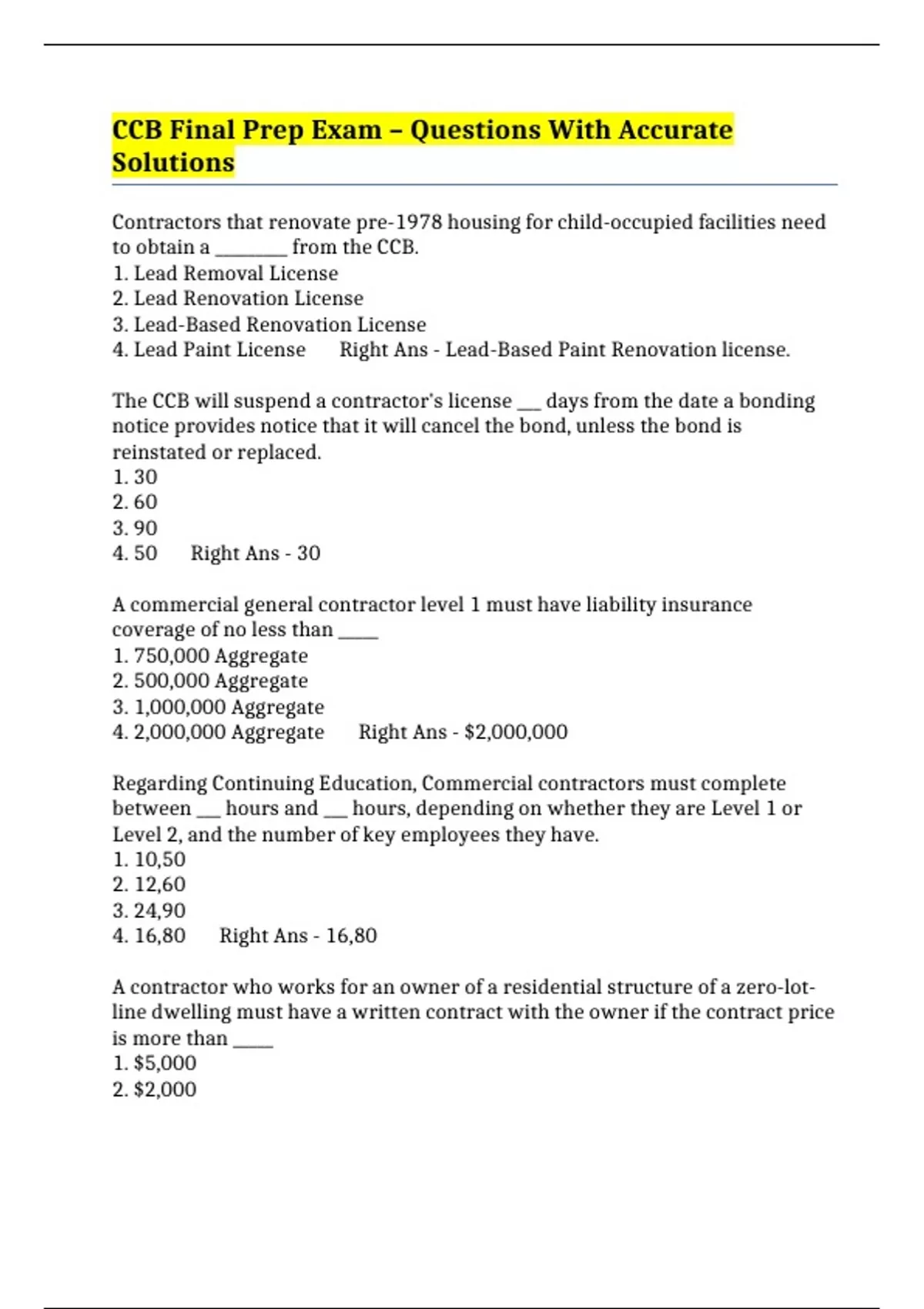 CCB Final Prep Exam – Questions With Accurate Solutions - CCB - Stuvia US