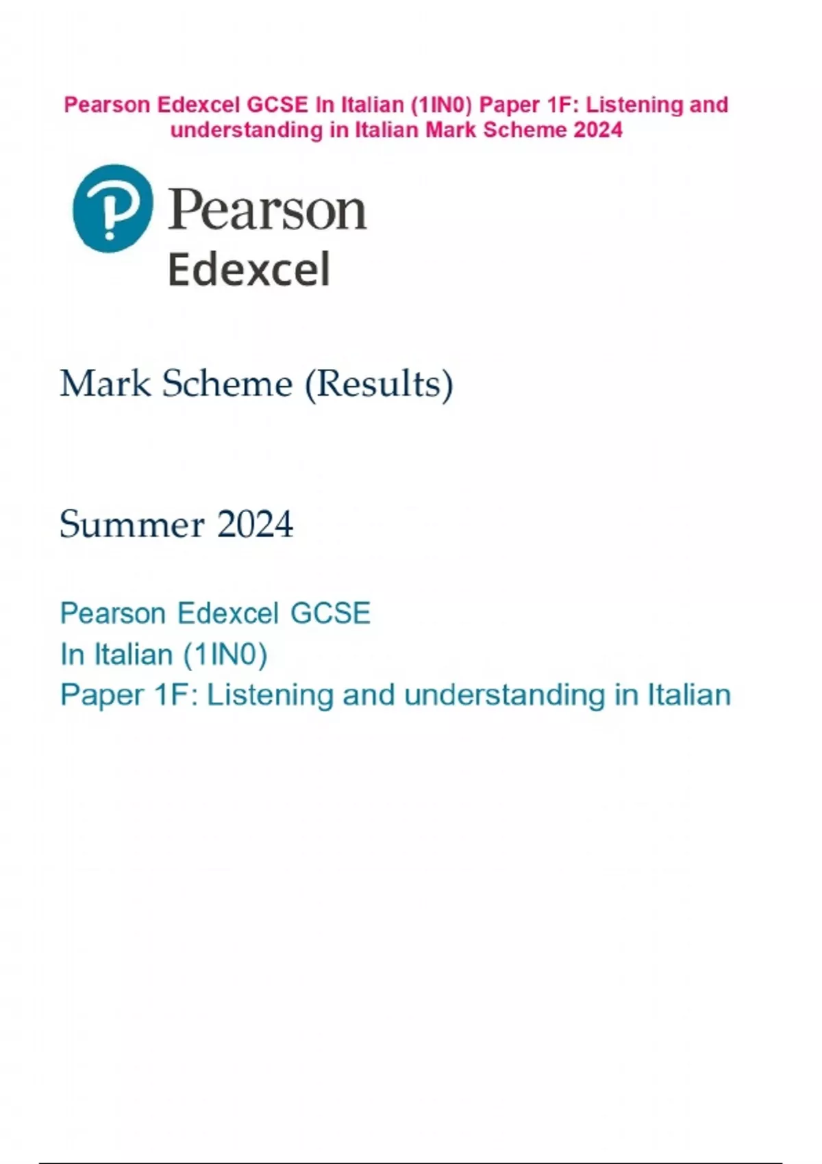Pearson Edexcel GCSE In Italian (1IN0) Paper 1F: Listening and ...