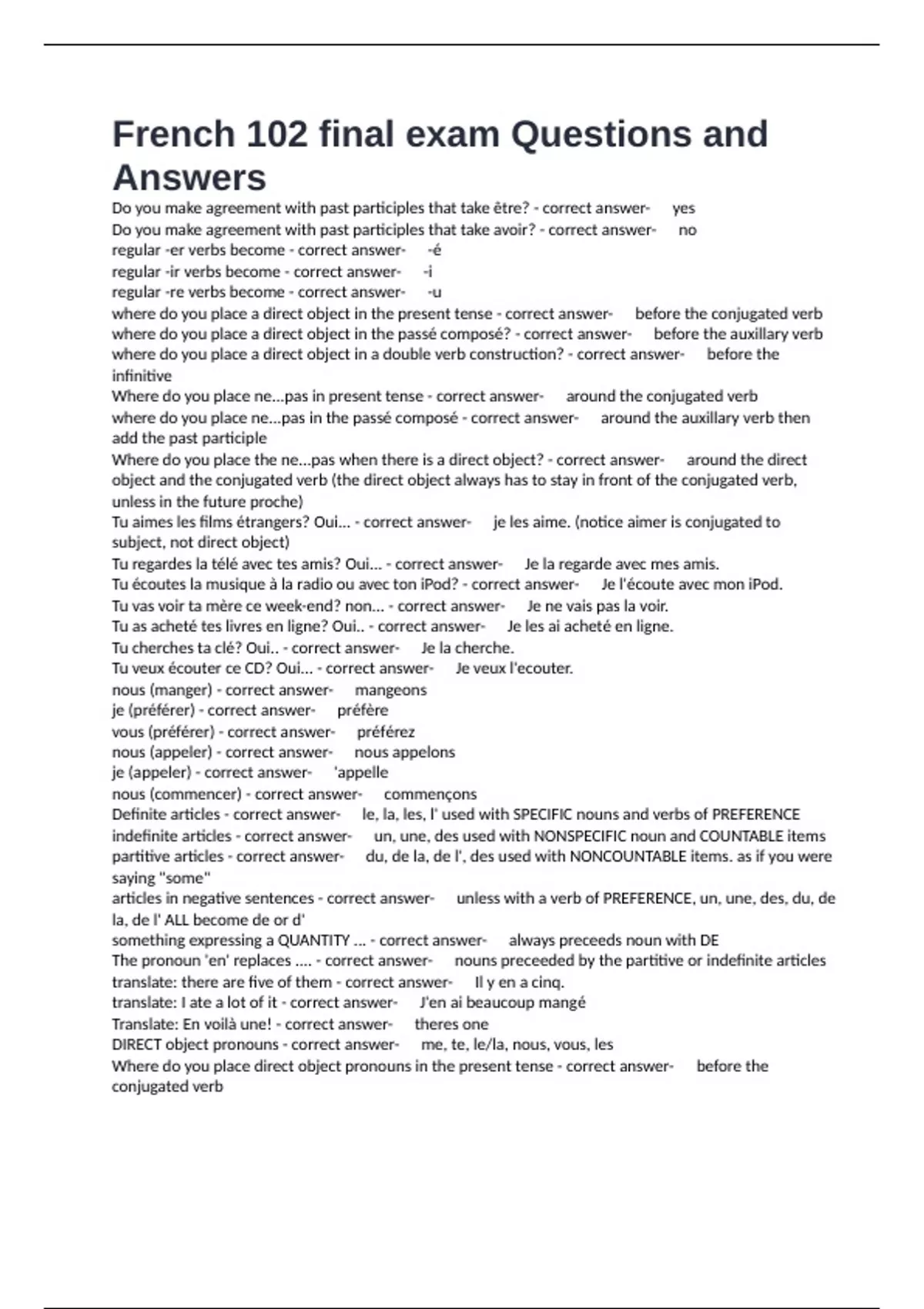 French 102 final exam Questions and Answers - French 102 - Stuvia US