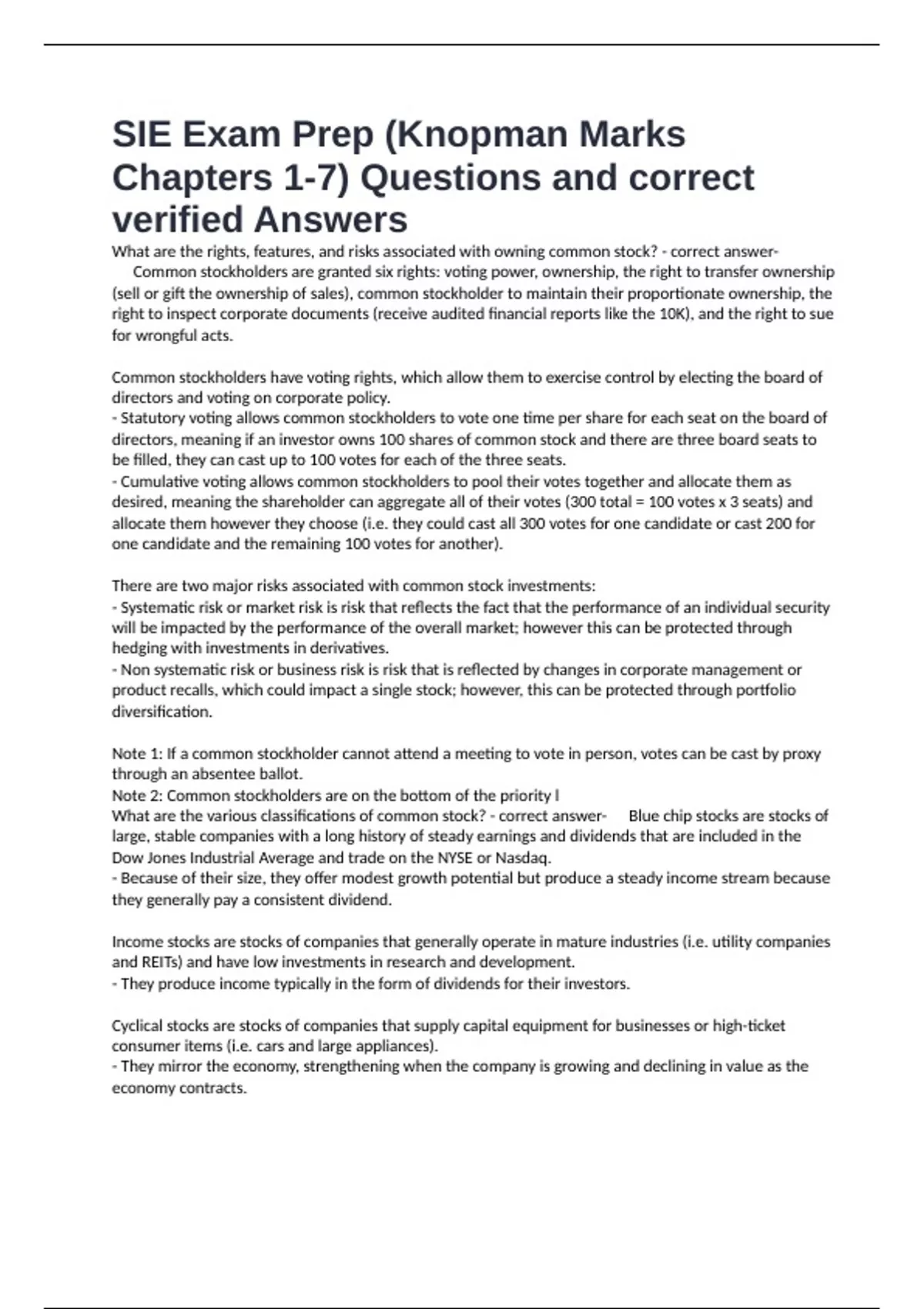 SIE Exam Prep (Knopman Marks Chapters 1-7) Questions and correct ...