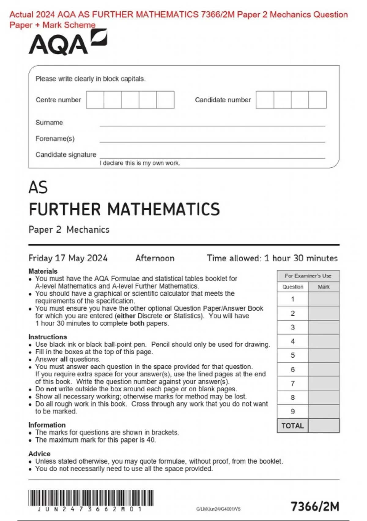 Actual 2024 Aqa As Further Mathematics 7366 2m Paper 2 Mechanics