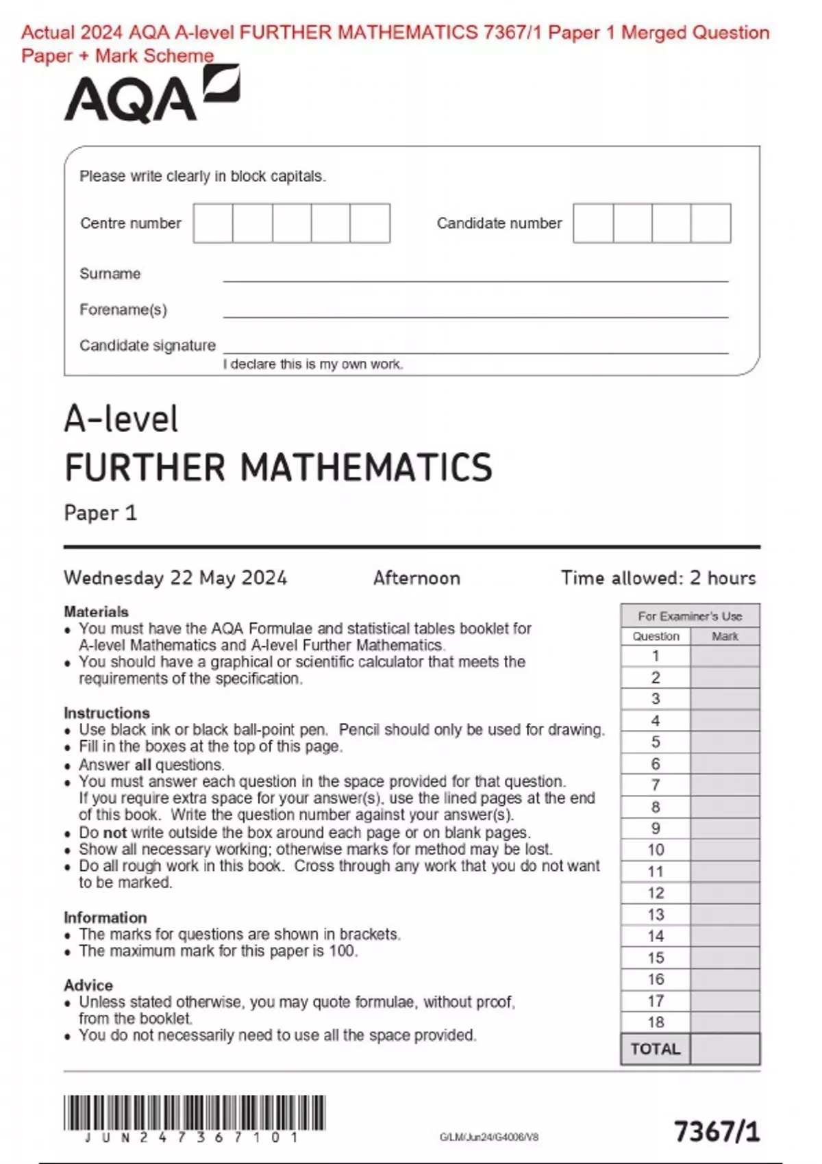 Actual 2024 Aqa A Level Further Mathematics 7367 1 Paper 1 Merged