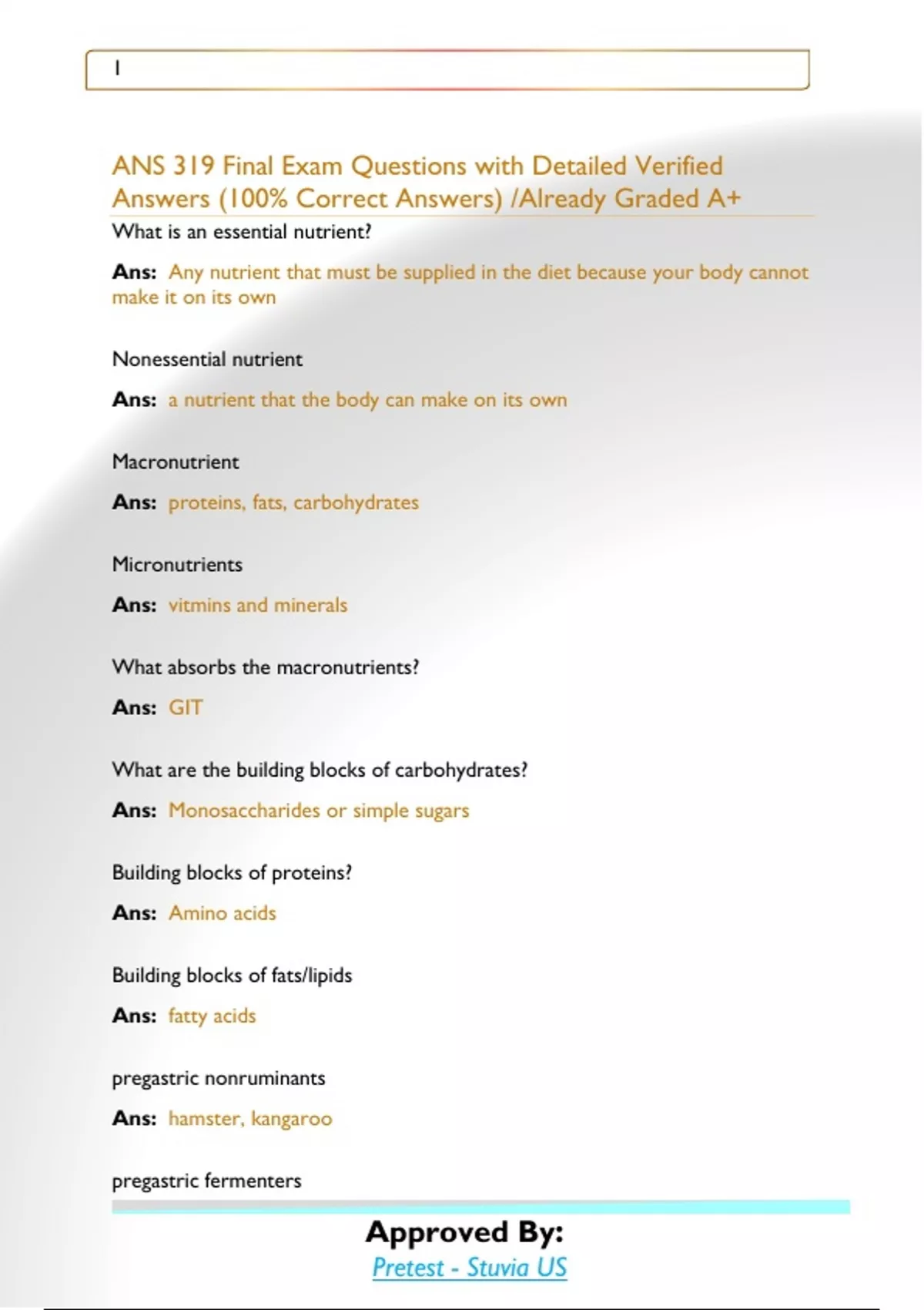 ANS 319 Final Exam Questions with Detailed Verified Answers (100% ...