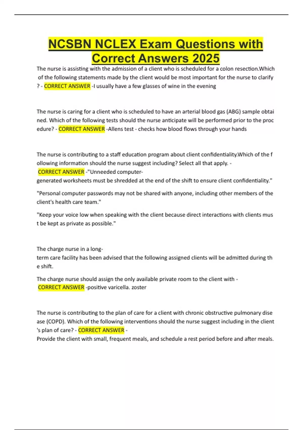 NCSBN NCLEX Exam Questions with Correct Answers 2025 - NCSBN NCLEX ...