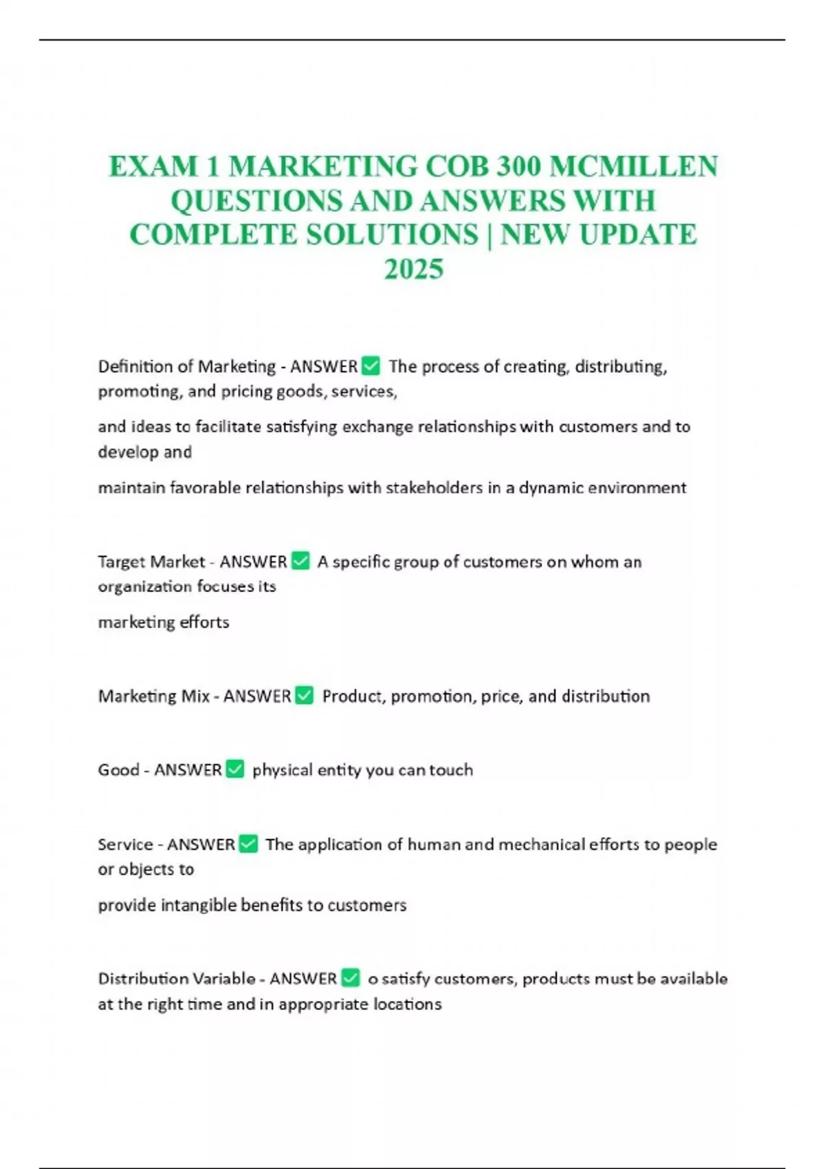 EXAM 1 MARKETING COB 300 MCMILLEN QUESTIONS AND ANSWERS WITH COMPLETE ...