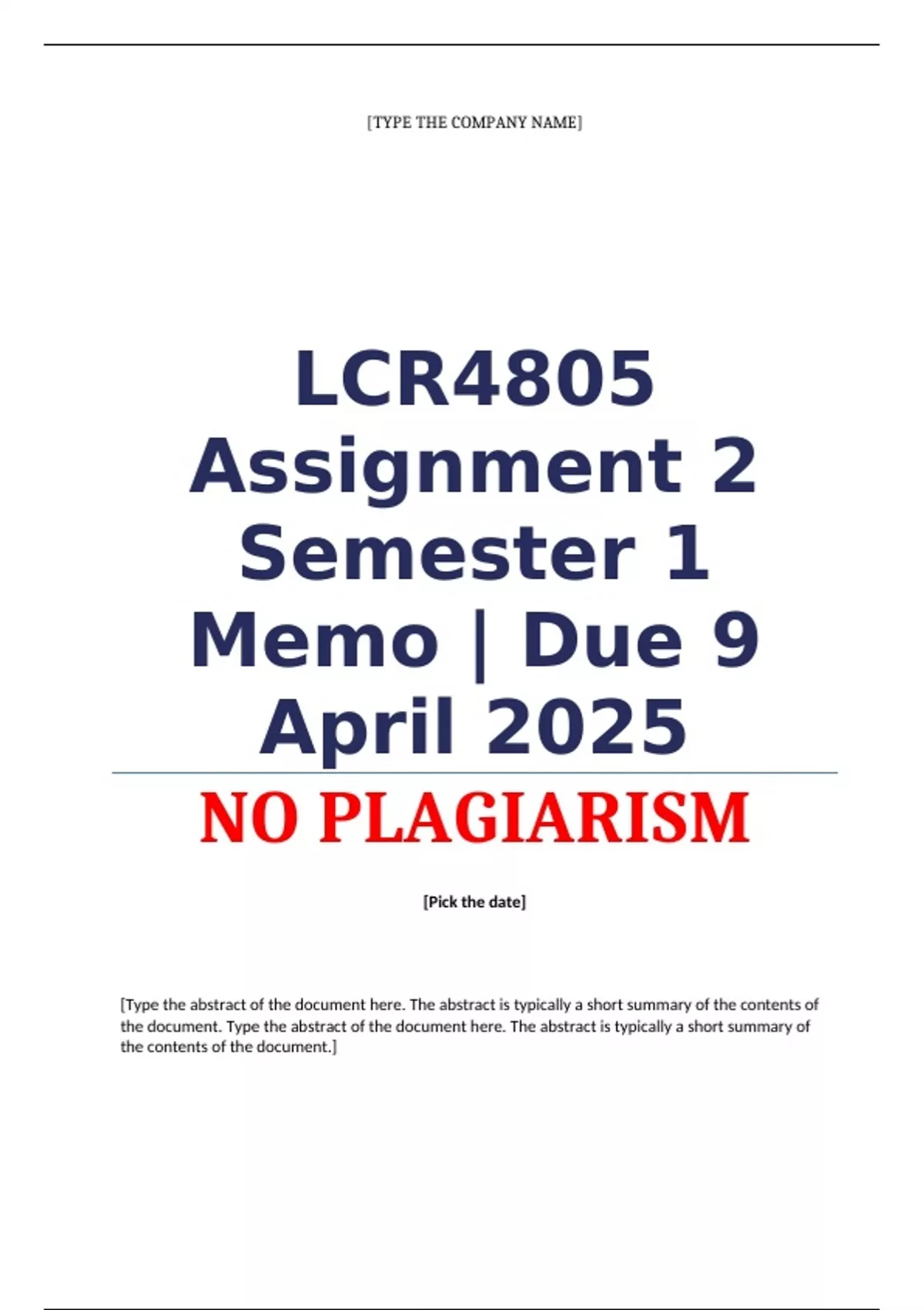 Exam (elaborations) LCR4805 Assignment 2 Semester 1 Memo | Due 9 April ...