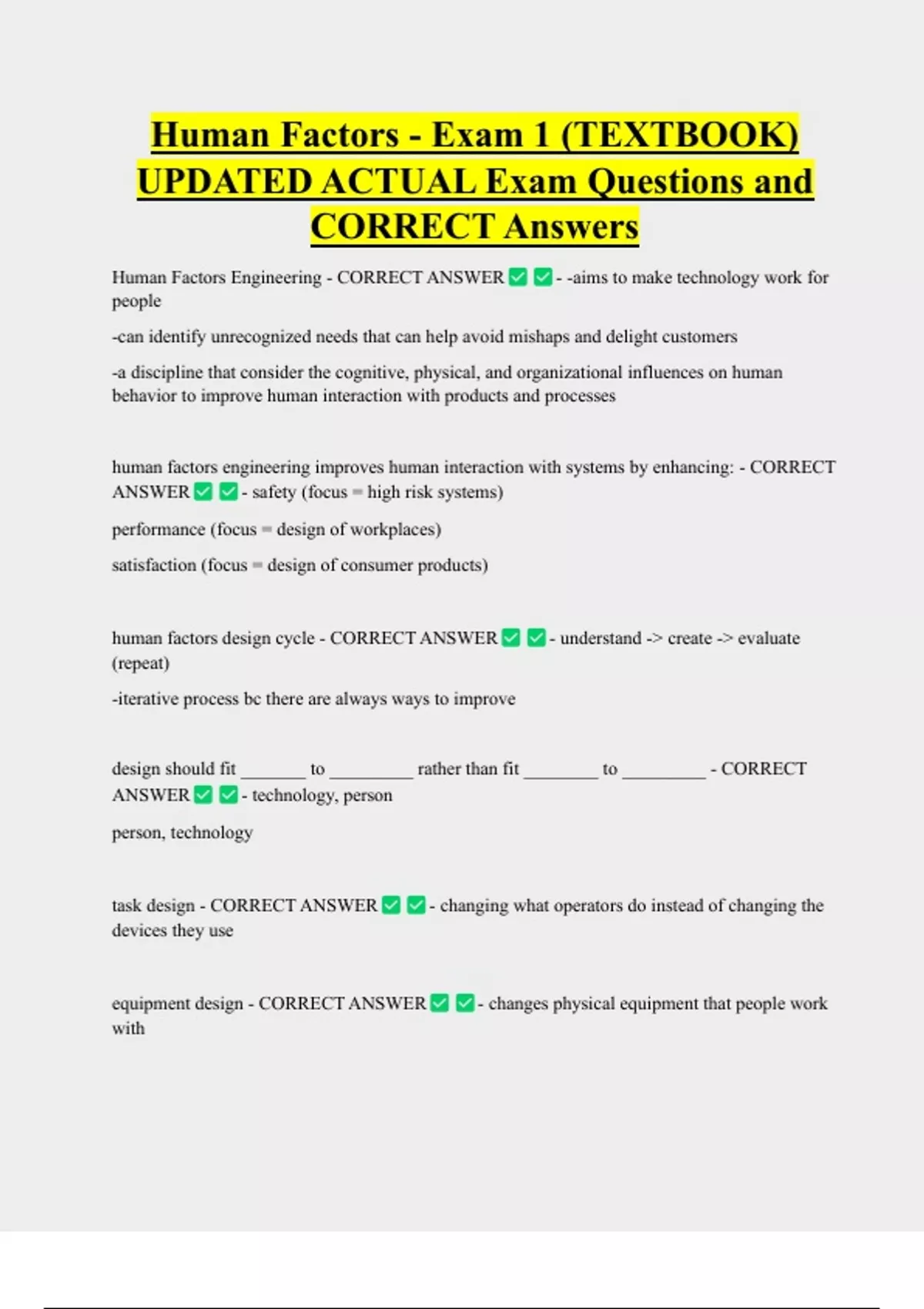 Human Factors - Exam 1 (TEXTBOOK) UPDATED ACTUAL Exam Questions and ...