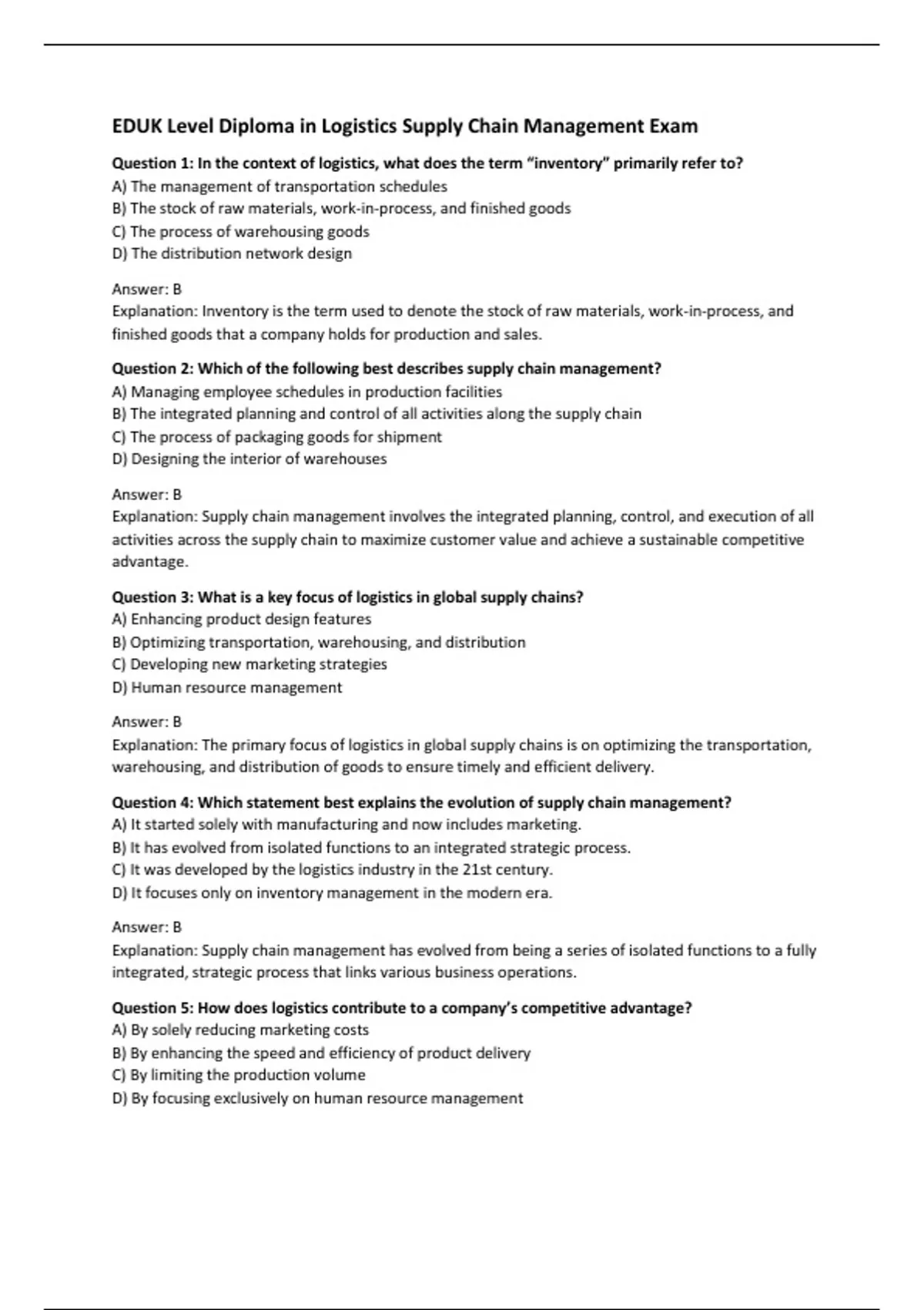 EDUK Level Diploma in Logistics Supply Chain Management Exam ...