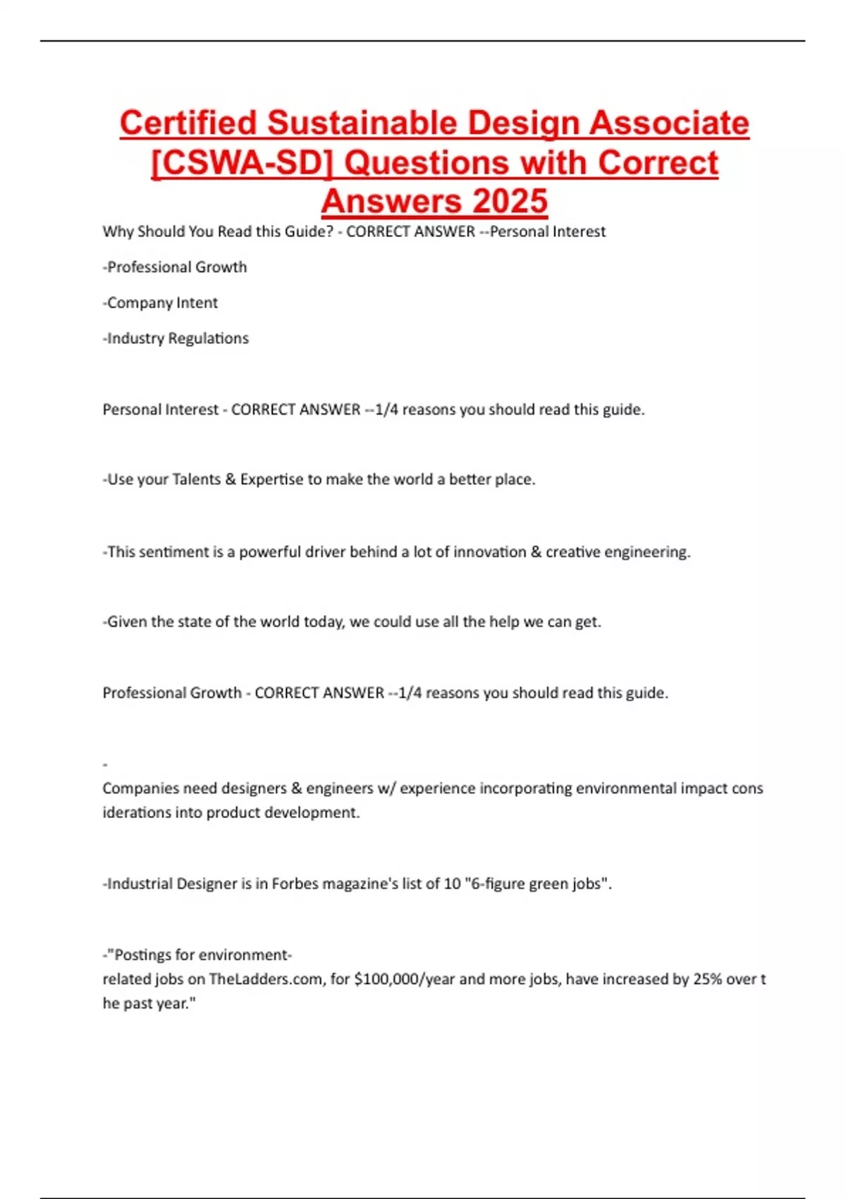 Certified Sustainable Design Associate -CSWA-SD- Questions with Correct ...