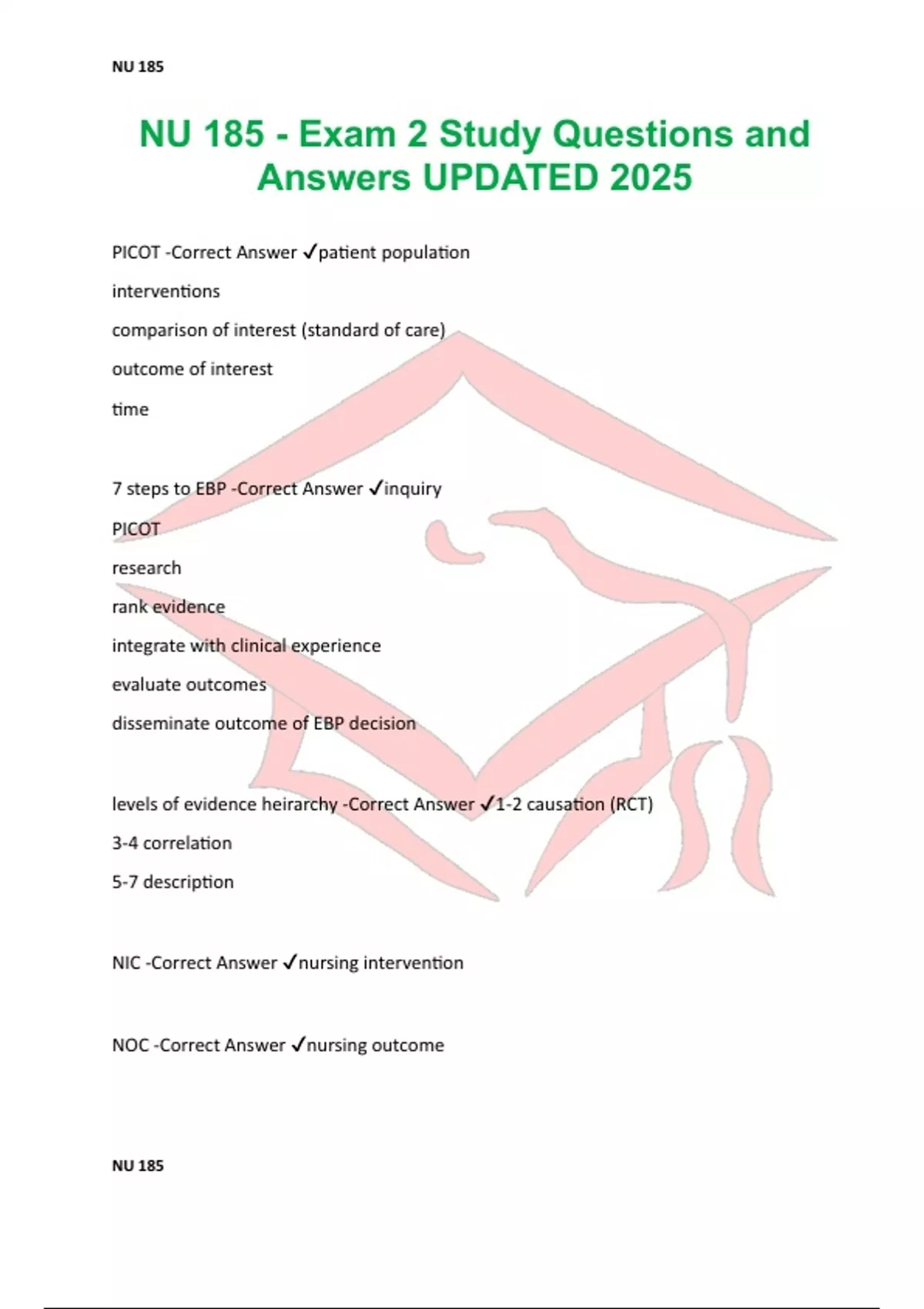 NU 185 - Exam 2 Study Questions and Answers UPDATED 2025 - NU 185 ...