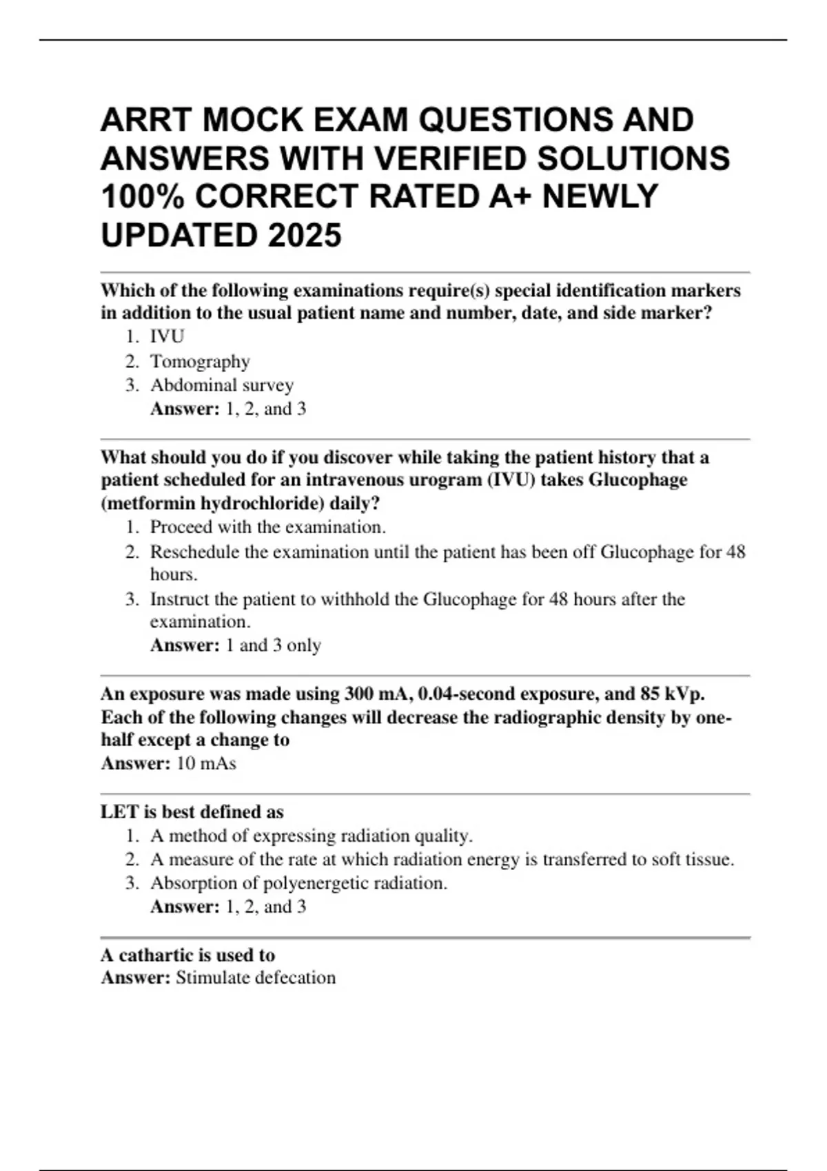 ARRT MOCK EXAM QUESTIONS AND ANSWERS WITH VERIFIED SOLUTIONS 100% CORRECT RATED A+ NEWLY UPDATED ...