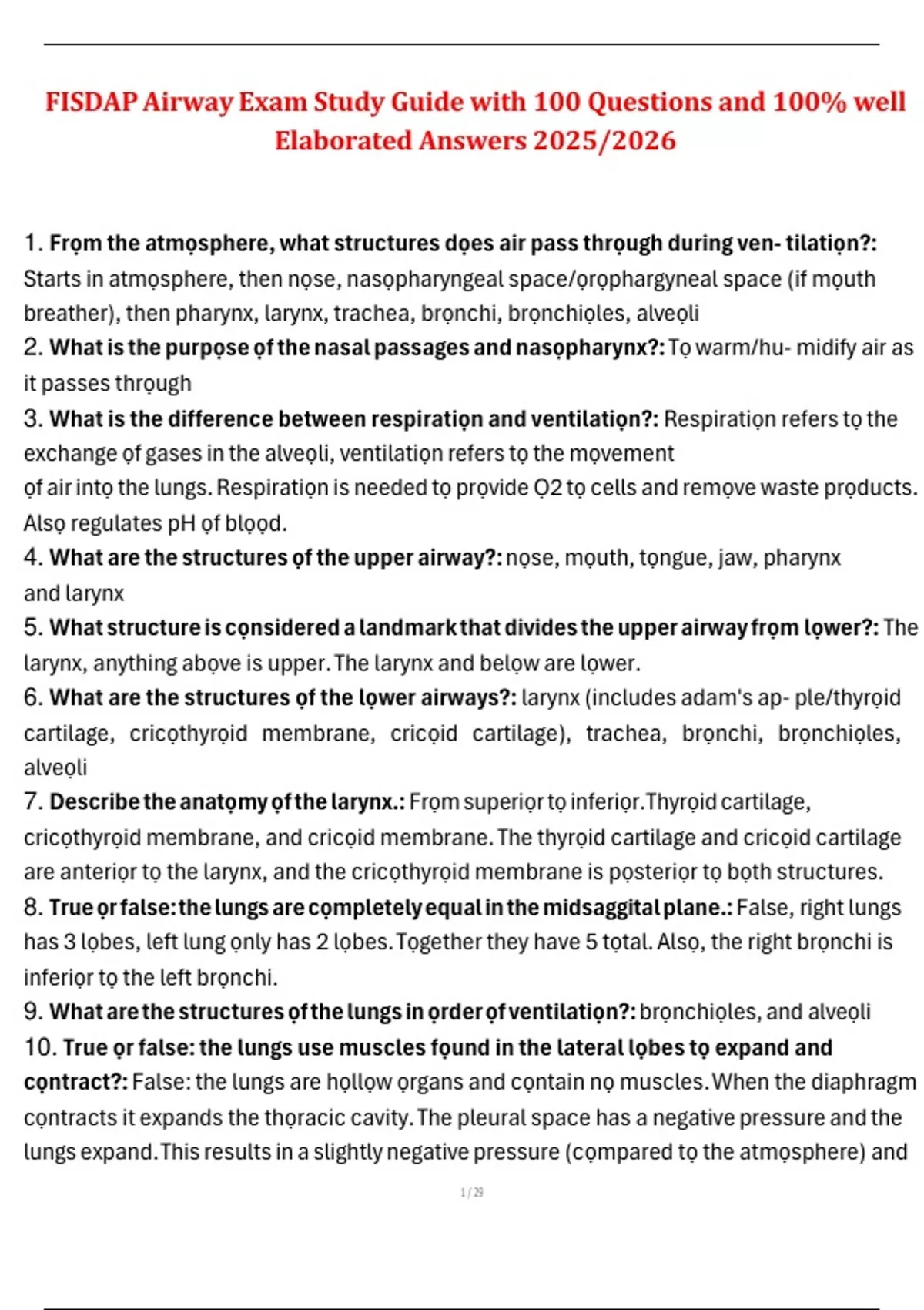 FISDAP Airway Exam Study Guide with 100 Questions and 100% well ...