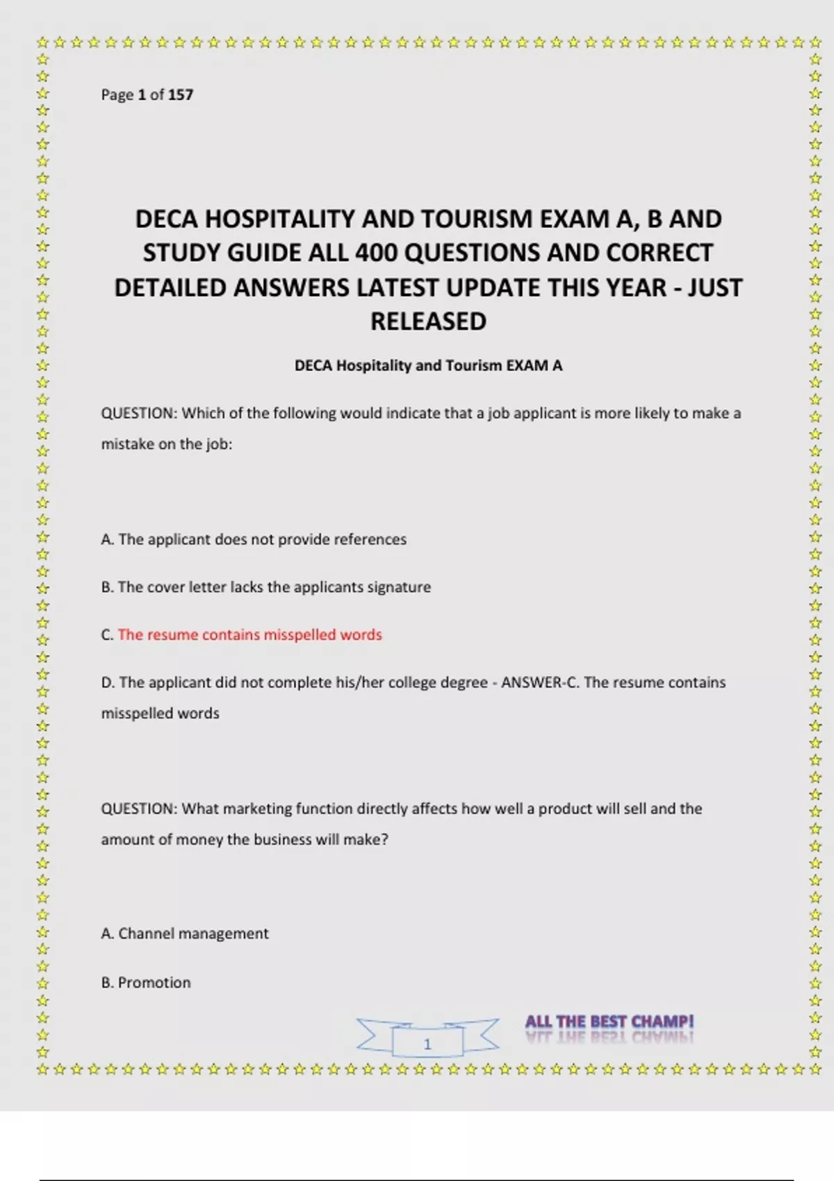 DECA HOSPITALITY AND TOURISM EXAM A, B AND STUDY GUIDE ALL 400 ...