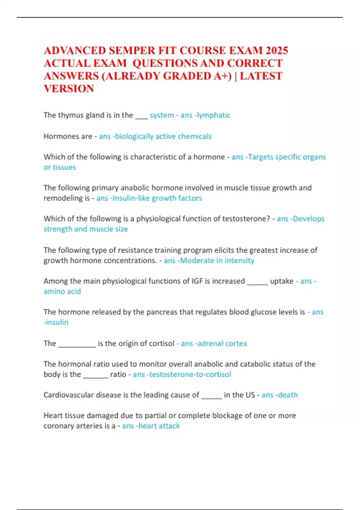 ADVANCED SEMPER FIT COURSE EXAM 2025 ACTUAL EXAM QUESTIONS AND CORRECT