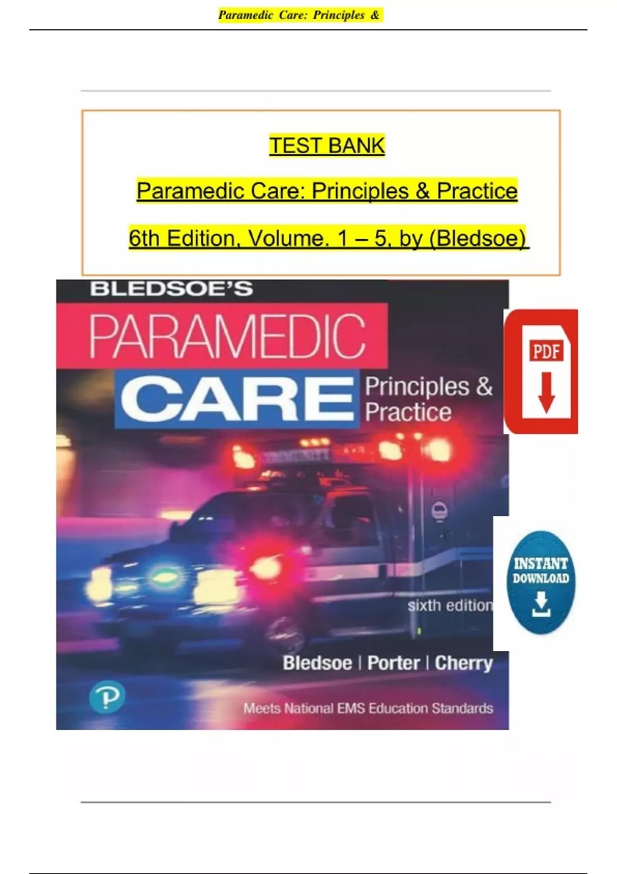 TEST BANK For Paramedic Care - Principles and Practice, 6th Edition ...