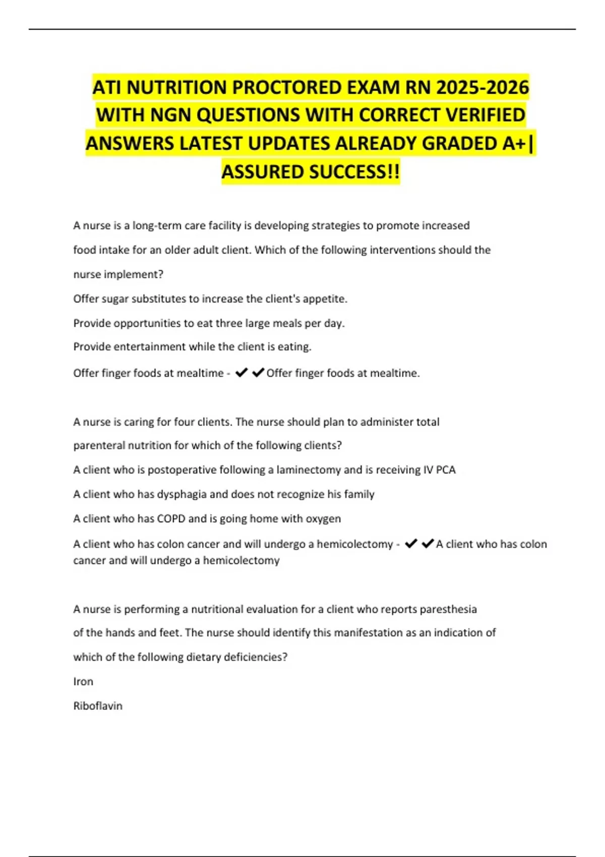 ATI NUTRITION PROCTORED EXAM RN WITH NGN QUESTIONS WITH CORRECT ...