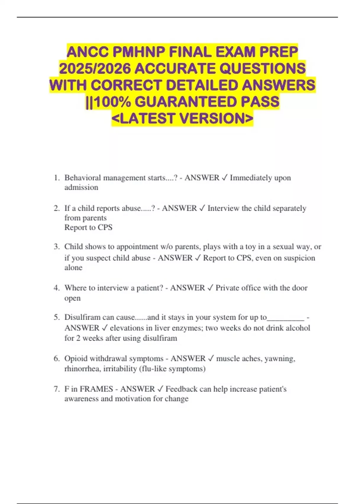 ANCC PMHNP FINAL EXAM PREP 2025/2026 ACCURATE QUESTIONS WITH CORRECT ...