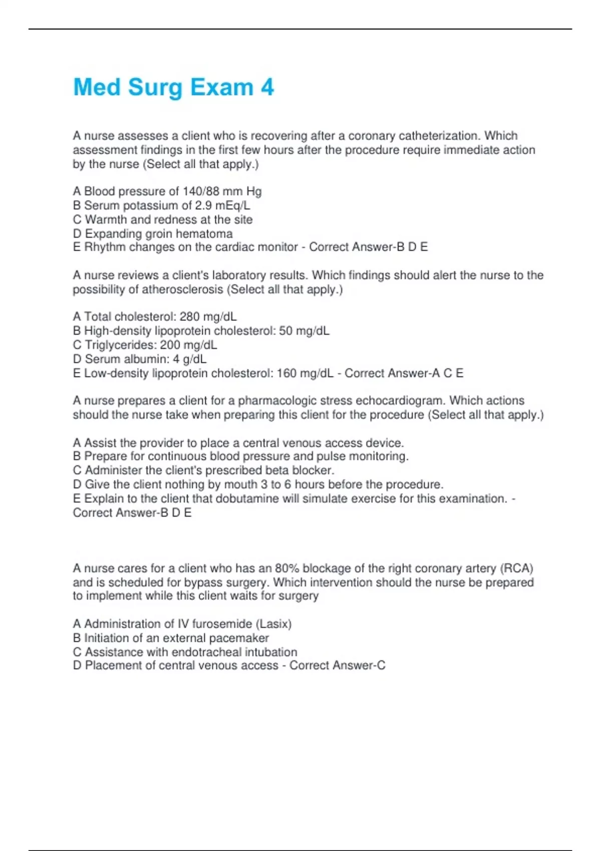 Med Surg Exam 4 Questions and Verified Answers 2025 - Med Surg - Stuvia US