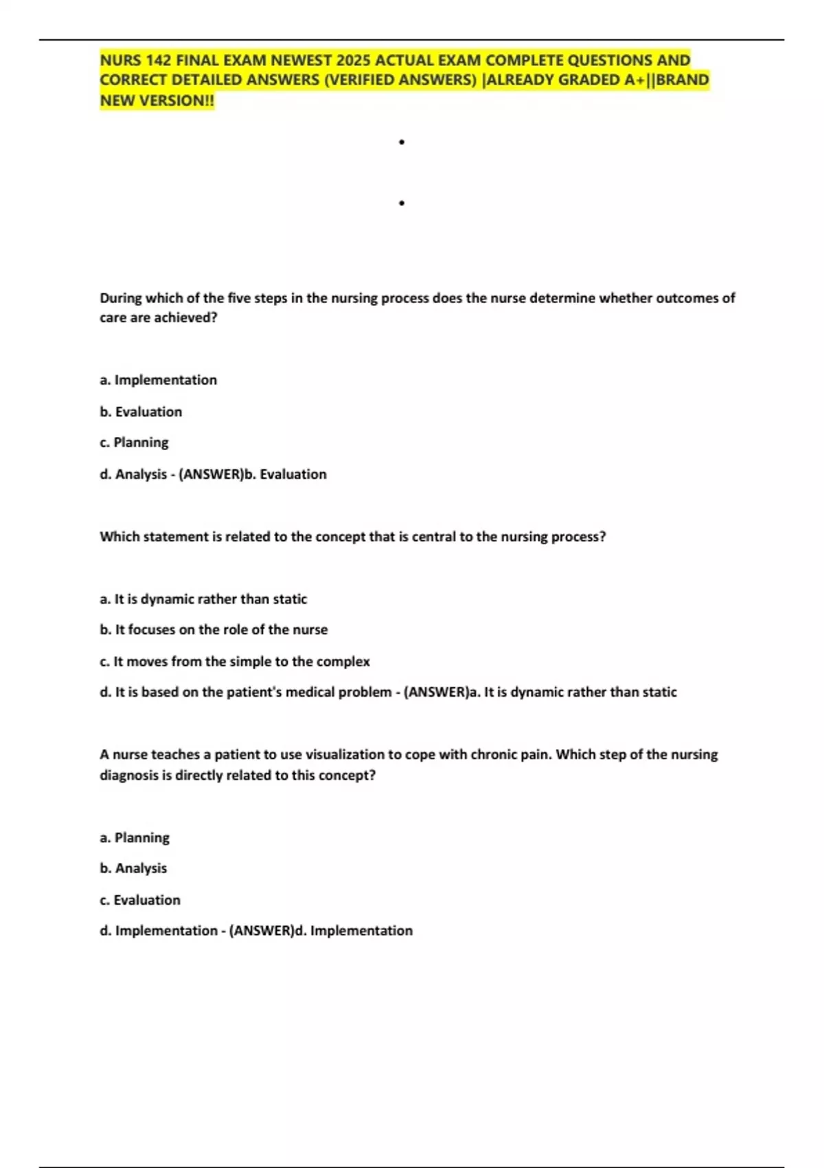 NURS 142 FINAL EXAM NEWEST 2025 ACTUAL EXAM COMPLETE 300 QUESTIONS AND ...