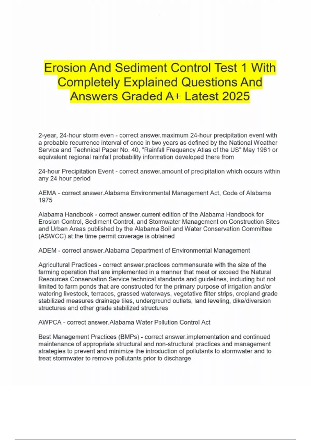Erosion And Sediment Control Test 1 With Completely Explained Questions ...