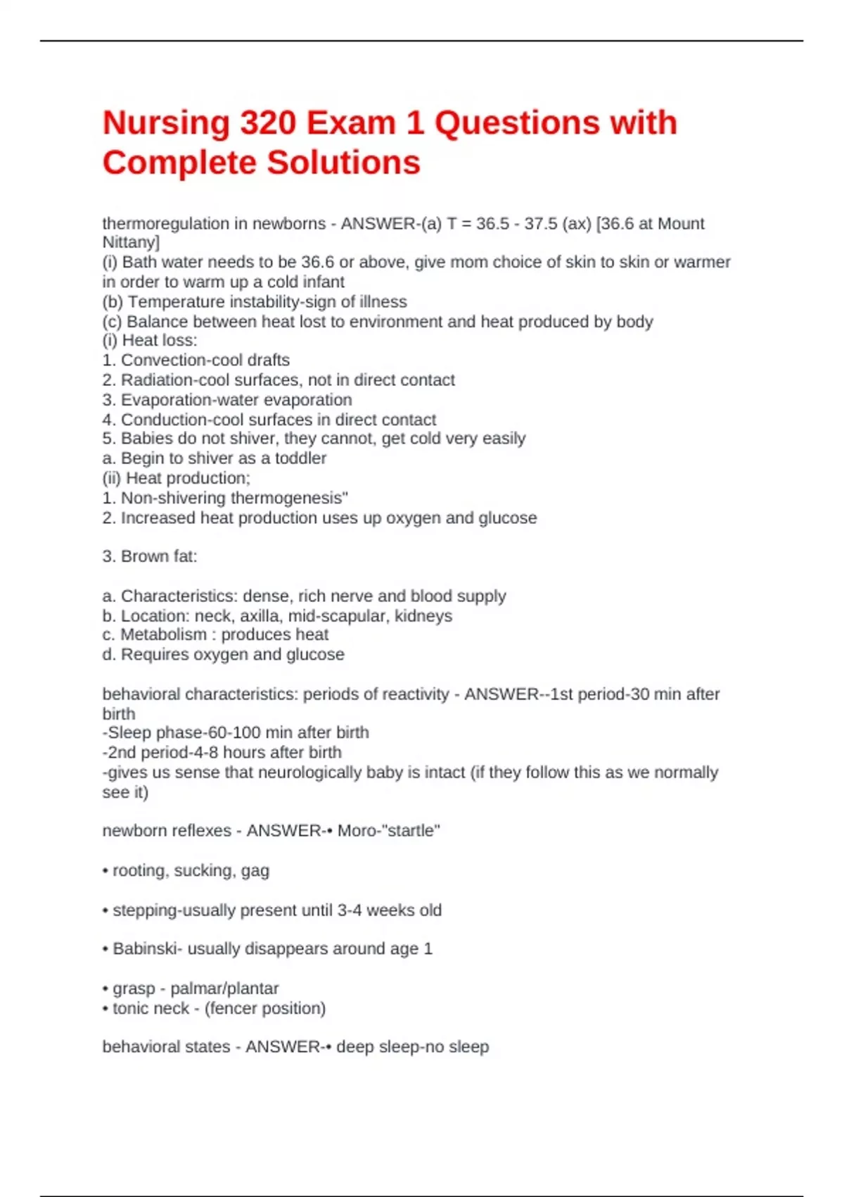 Nursing 320 Exam 1 Questions with Complete Solutions - NURS 320 - Stuvia US