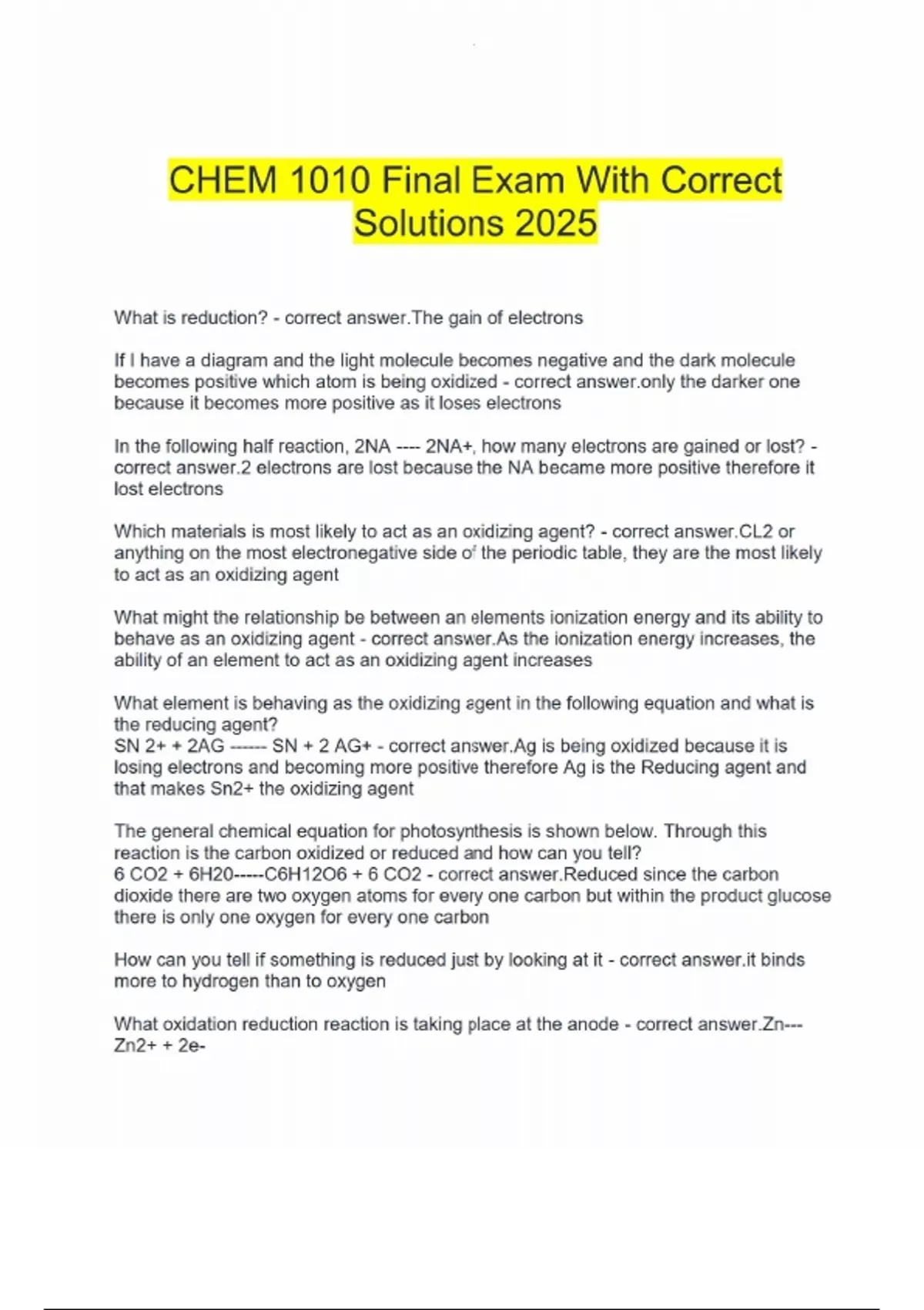 CHEM 1010 Final Exam With Correct Solutions 2025 - CHEM 1010 - Stuvia US