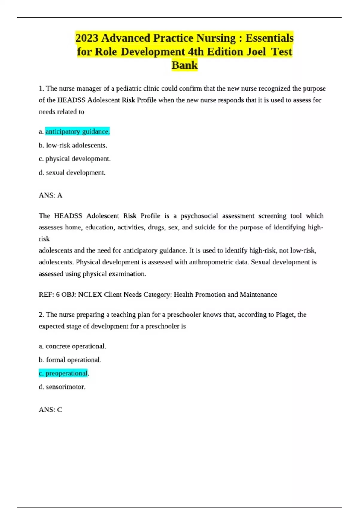 TEST BANK for Advanced Practice Nursing : Essentials for Role ...