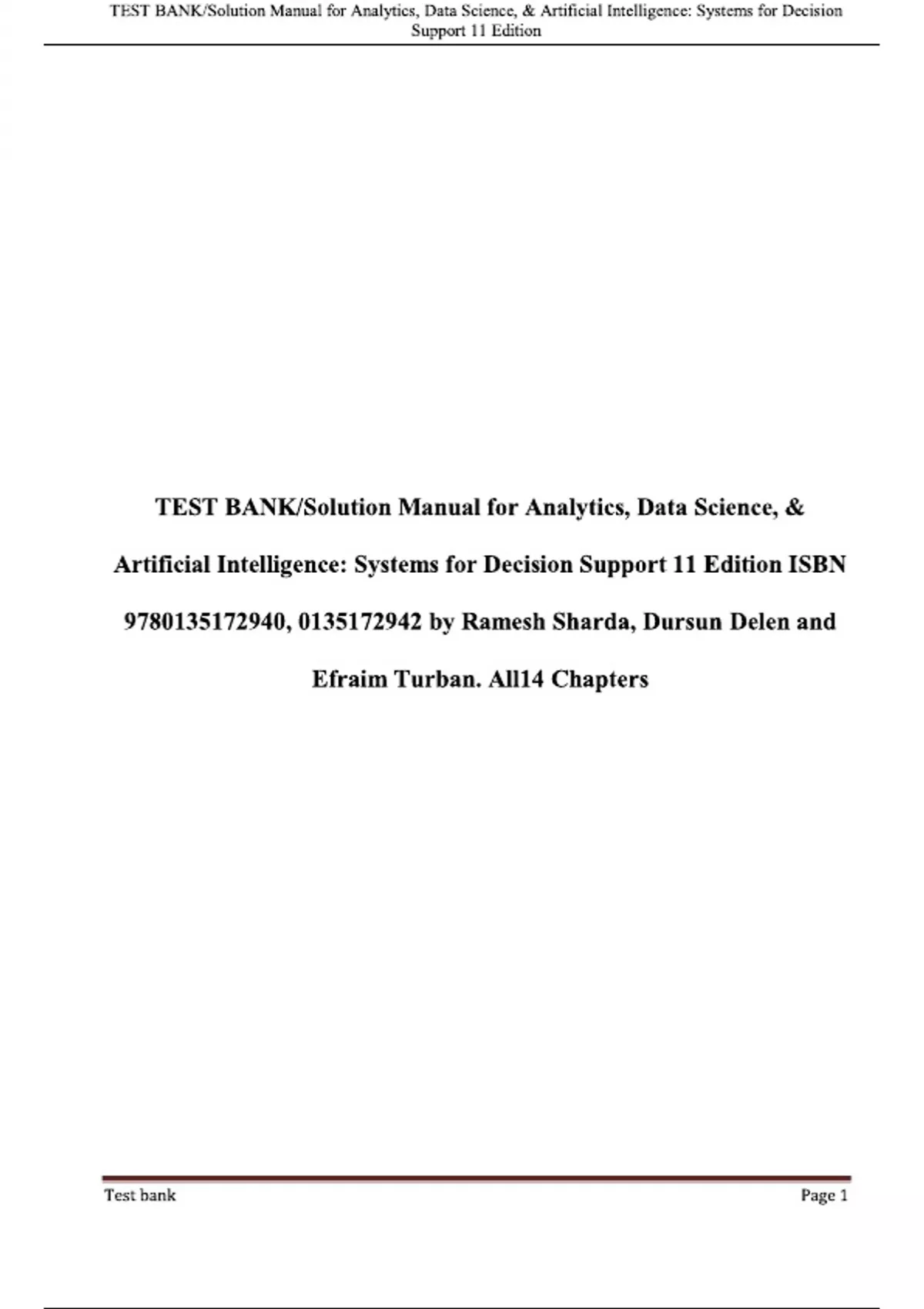 TEST BANK/Solution Manual for Analytics, Data Science, & Artificial ...