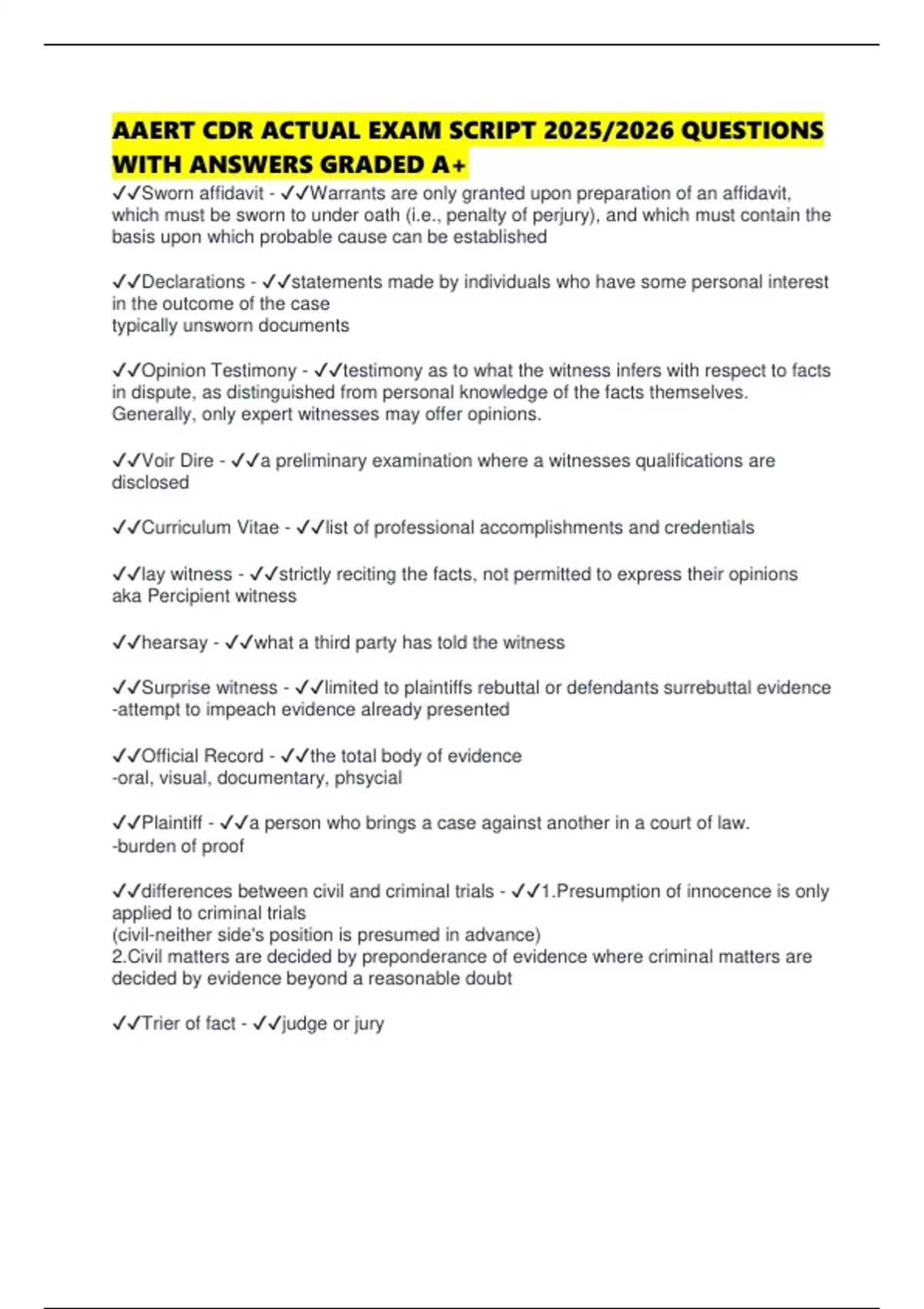 AAERT CDR ACTUAL EXAM SCRIPT 2025/2026 QUESTIONS WITH ANSWERS GRADED A+ ...