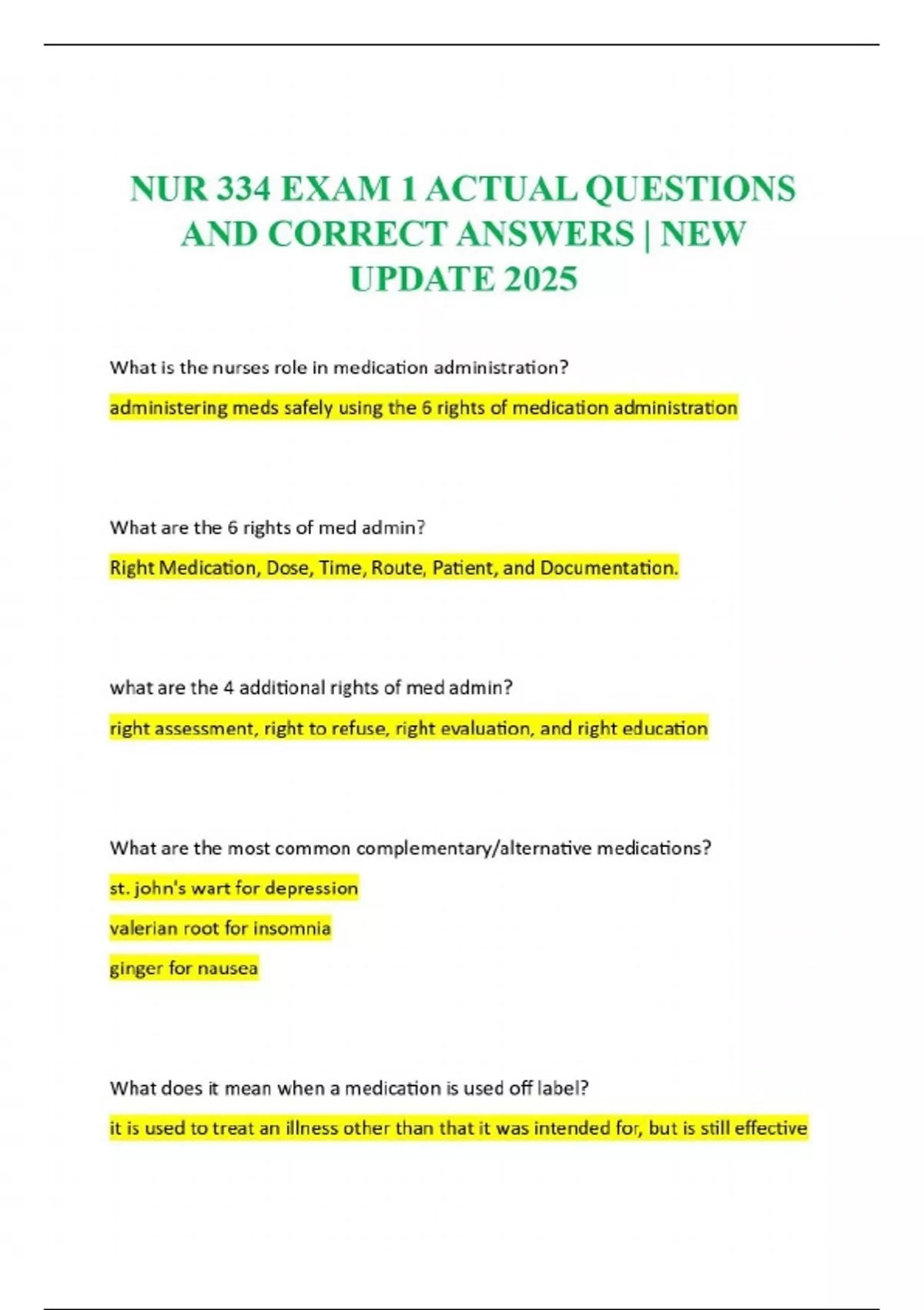 NUR 334 BUNDLED ALL IN ONE EXAM QUESTIONS AND ANSWERS WELL ILLUSTRATED ...