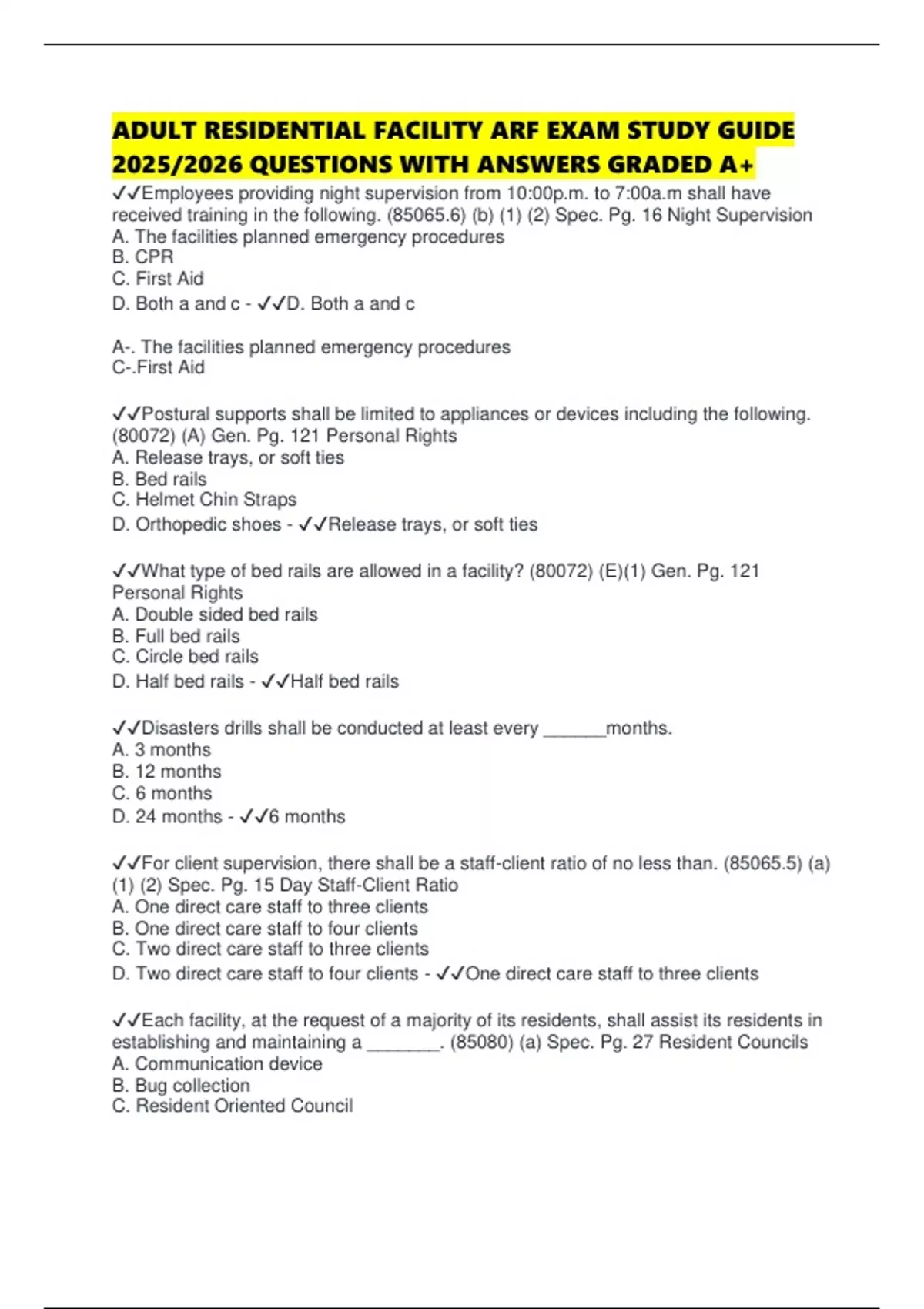 ADULT RESIDENTIAL FACILITY ARF EXAM STUDY GUIDE 2025/2026 QUESTIONS ...