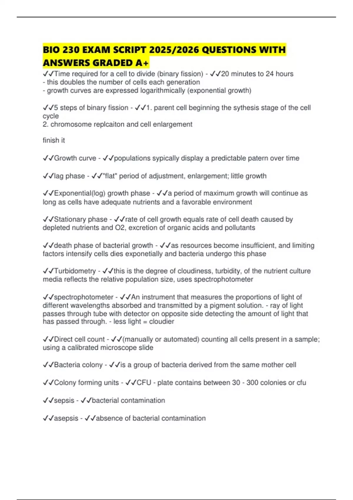 230 Script BIO 230 EXAM SCRIPT 2025/2026 QUESTIONS WITH ANSWERS GRADED A+ - BIO ...