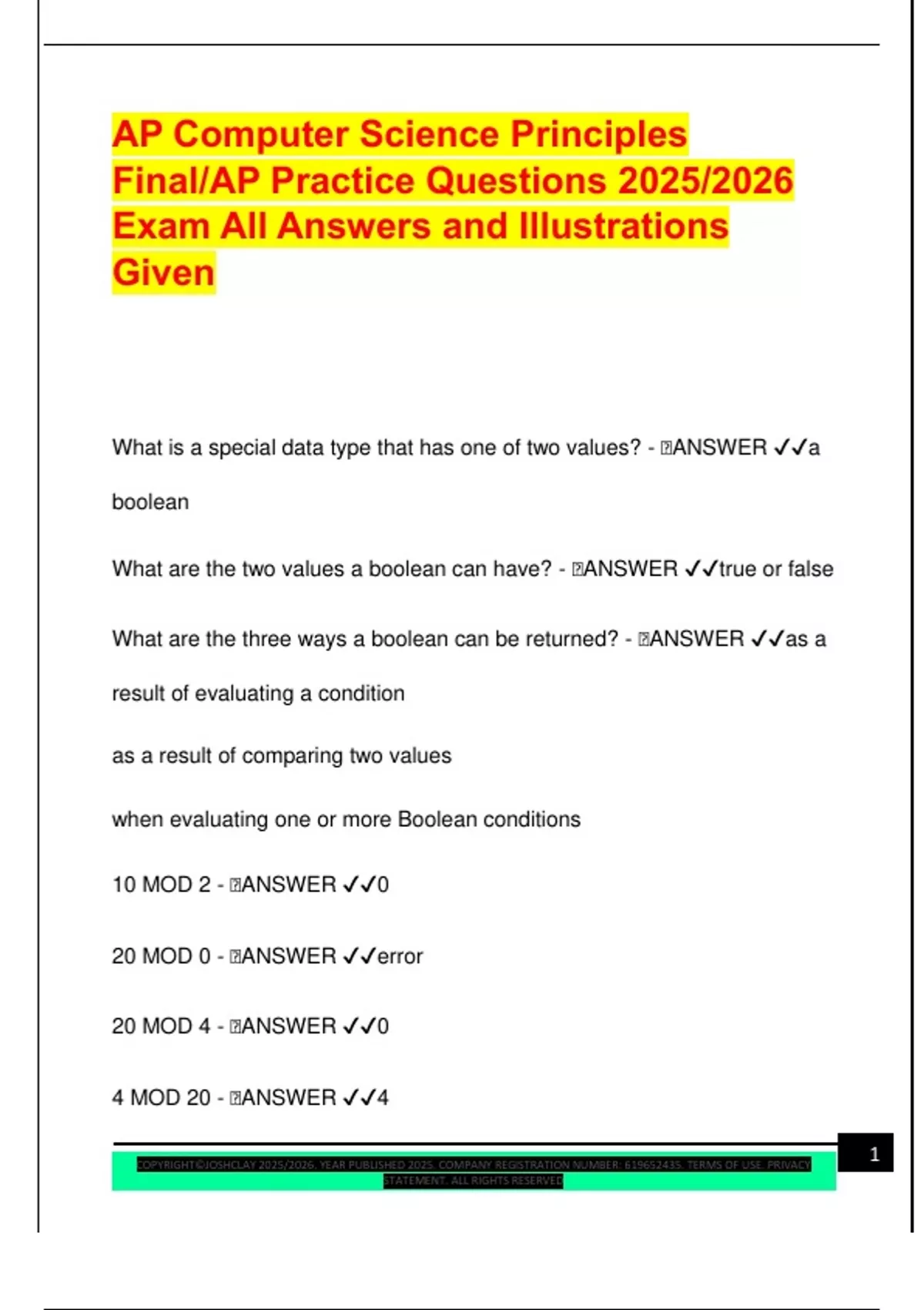 AP Computer Science Principles Final/AP Practice Questions 2025/2026 ...