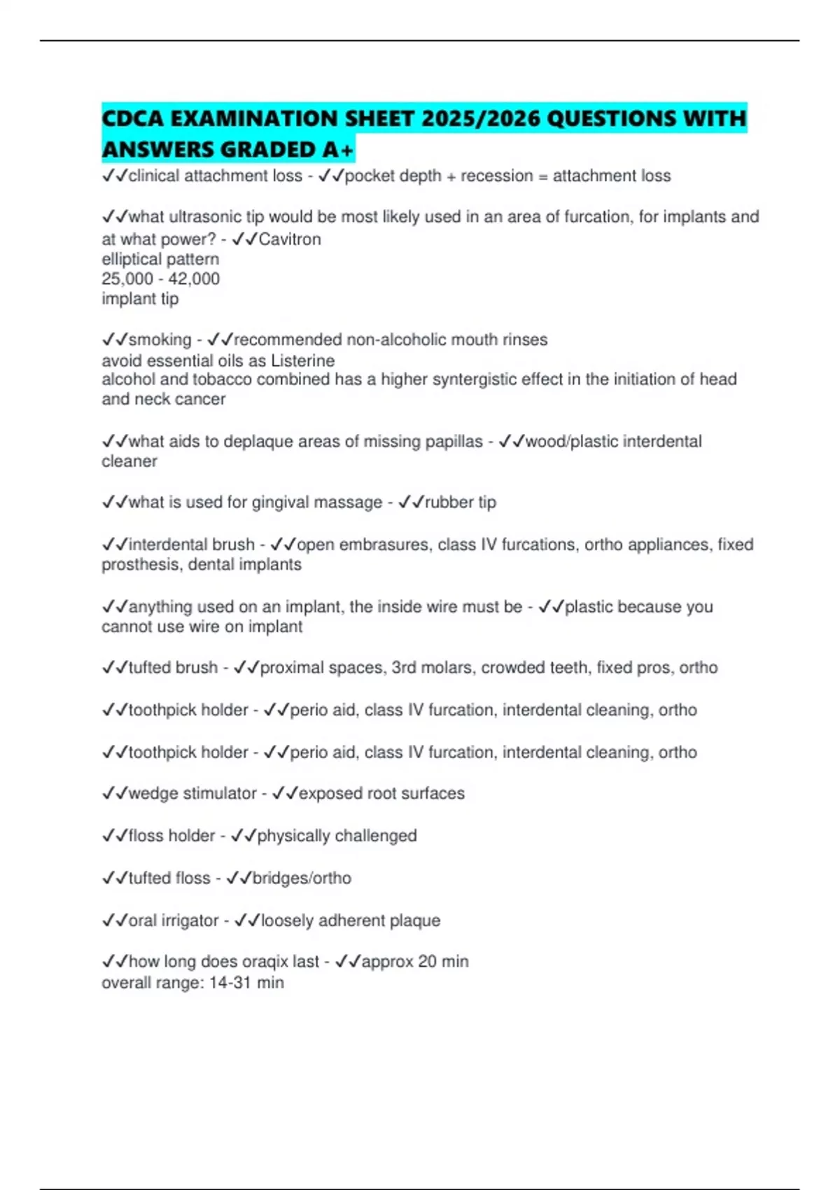 CDCA EXAMINATION SHEET 2025/2026 QUESTIONS WITH ANSWERS GRADED A+ ...