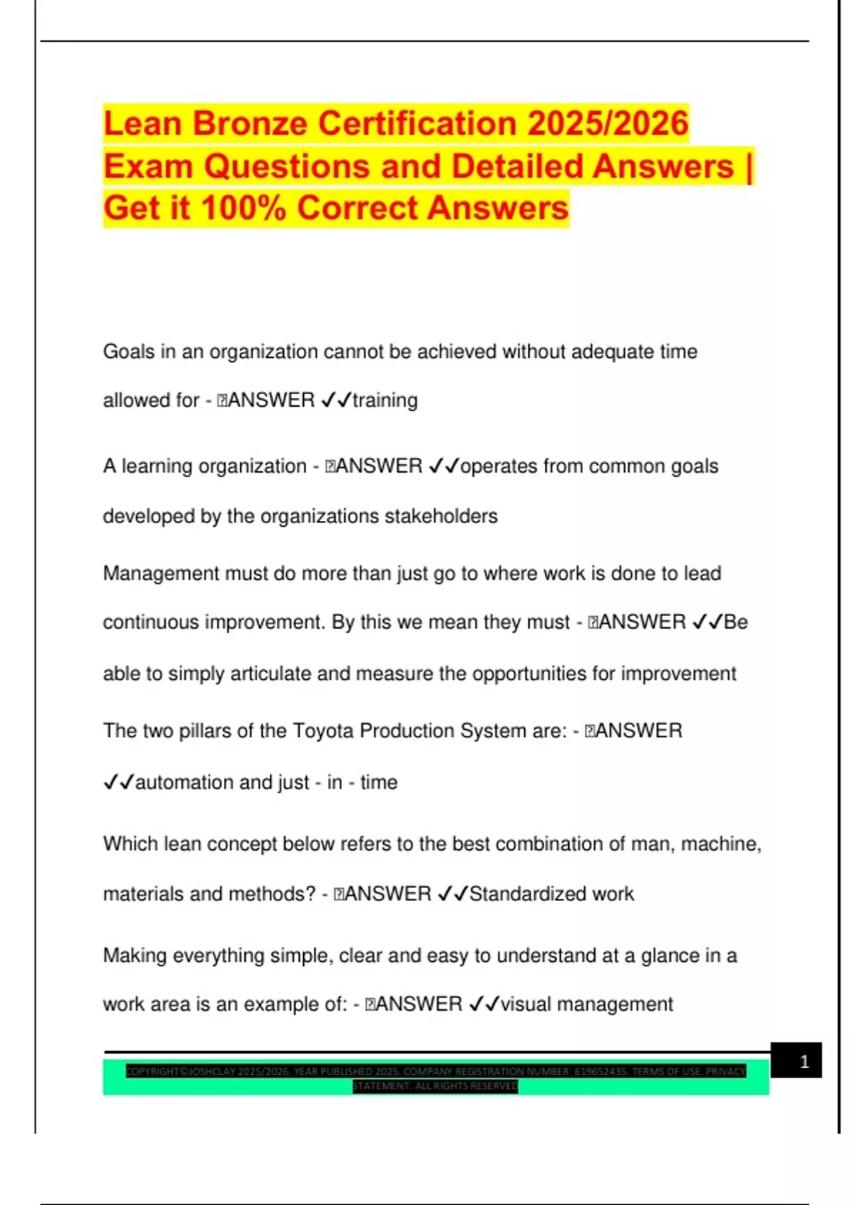 Lean Bronze Lean Bronze Certification 2025/2026 Exam Questions and Detailed Answers ...