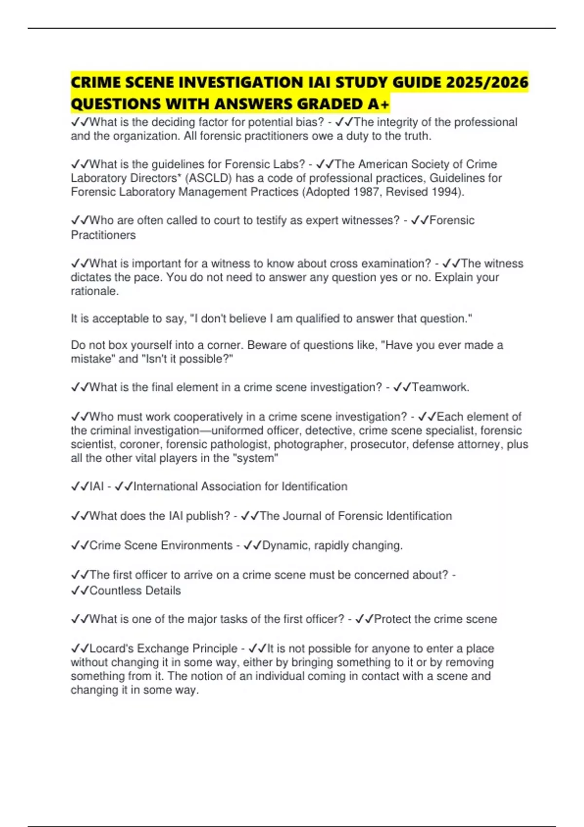 CRIME SCENE INVESTIGATION IAI STUDY GUIDE 2025/2026 QUESTIONS WITH ANSWERS GRADED A+ - Certified ...