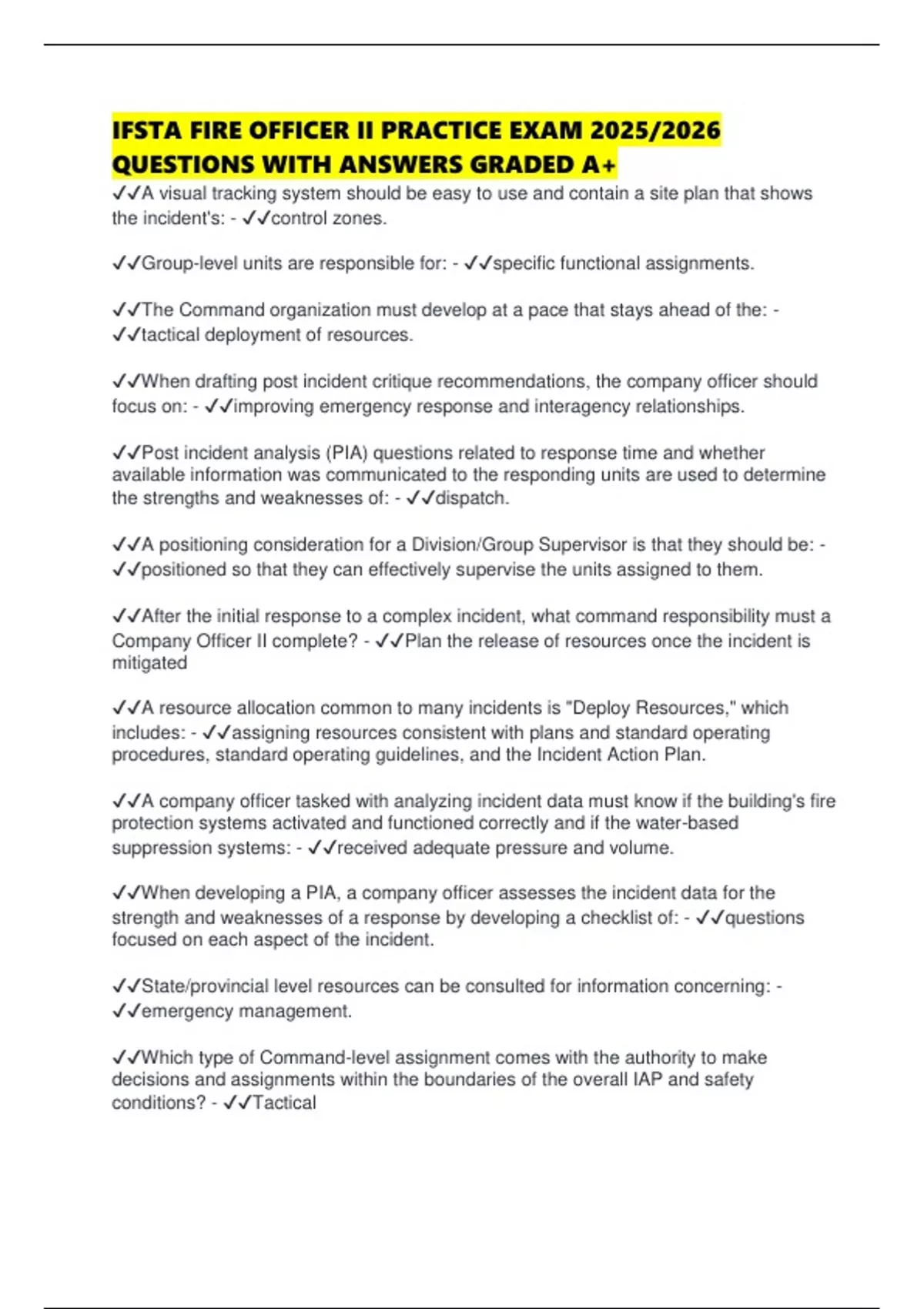 IFSTA FIRE OFFICER II PRACTICE EXAM 2025/2026 QUESTIONS WITH ANSWERS ...