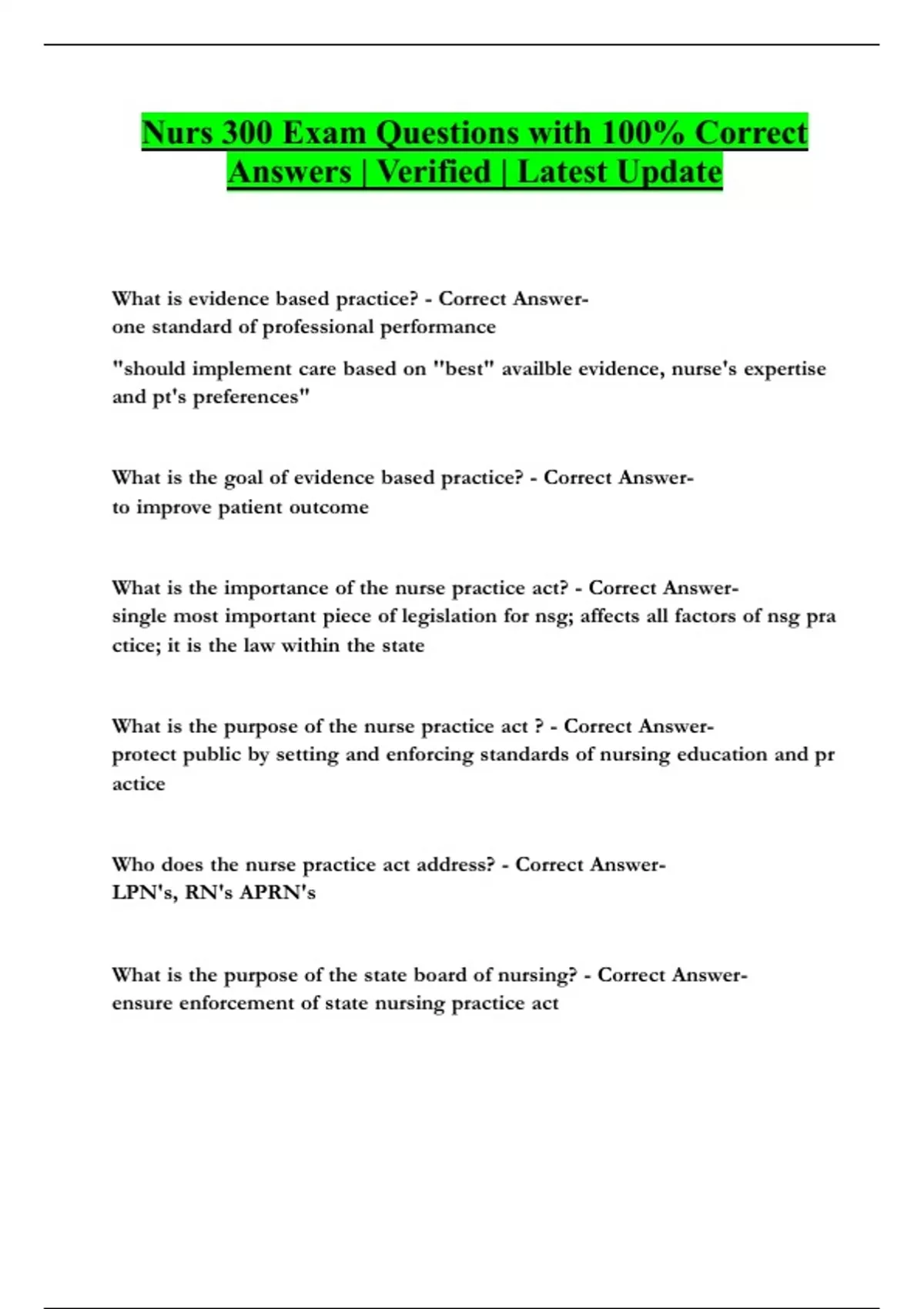 Package deal for NURS 300 Exam | Actual Questions and Answers Latest ...