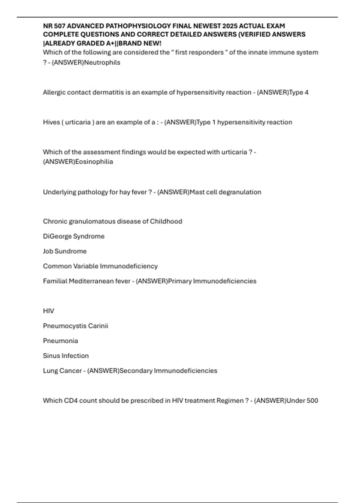 NR 507 ADVANCED PATHOPHYSIOLOGY FINAL NEWEST 2025 ACTUAL EXAM COMPLETE ...